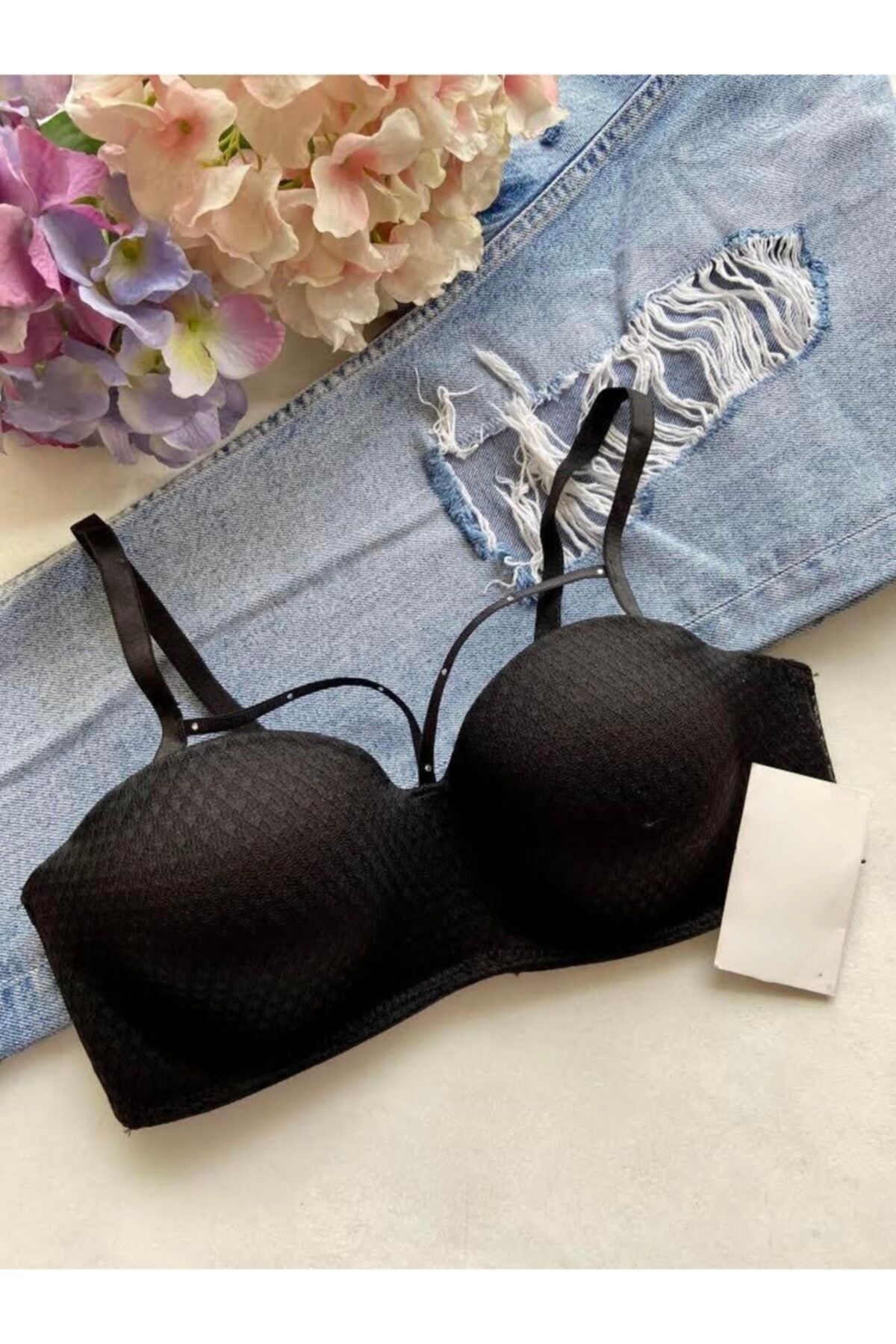 WİXXO FASHİON Siyah Dantelli Balenli Dolgusuz Çapraz Ipli Lotus Sütyen