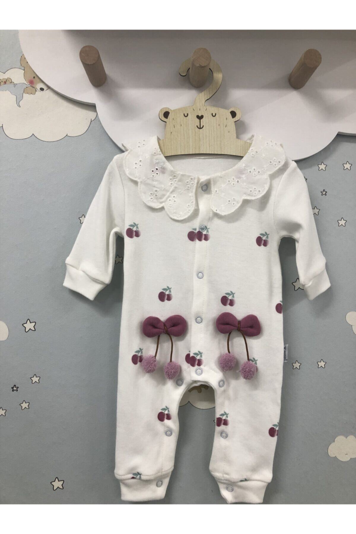 minicayzen Kız Bebek Ekru Kirazlı Tulum