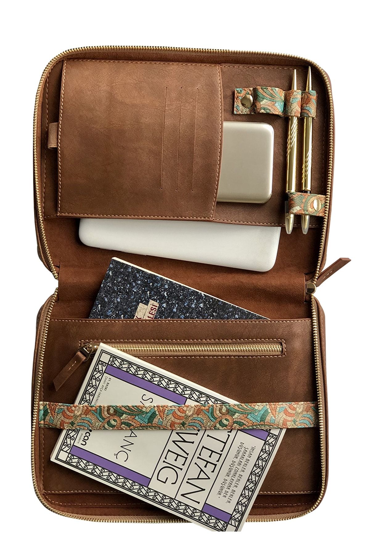 ekrudükkan Ekru Dükkan Organizer Tablet Kılıfı 28x20x3,5 Cm. Şal Desen Vegan Deri Taba Ekr300