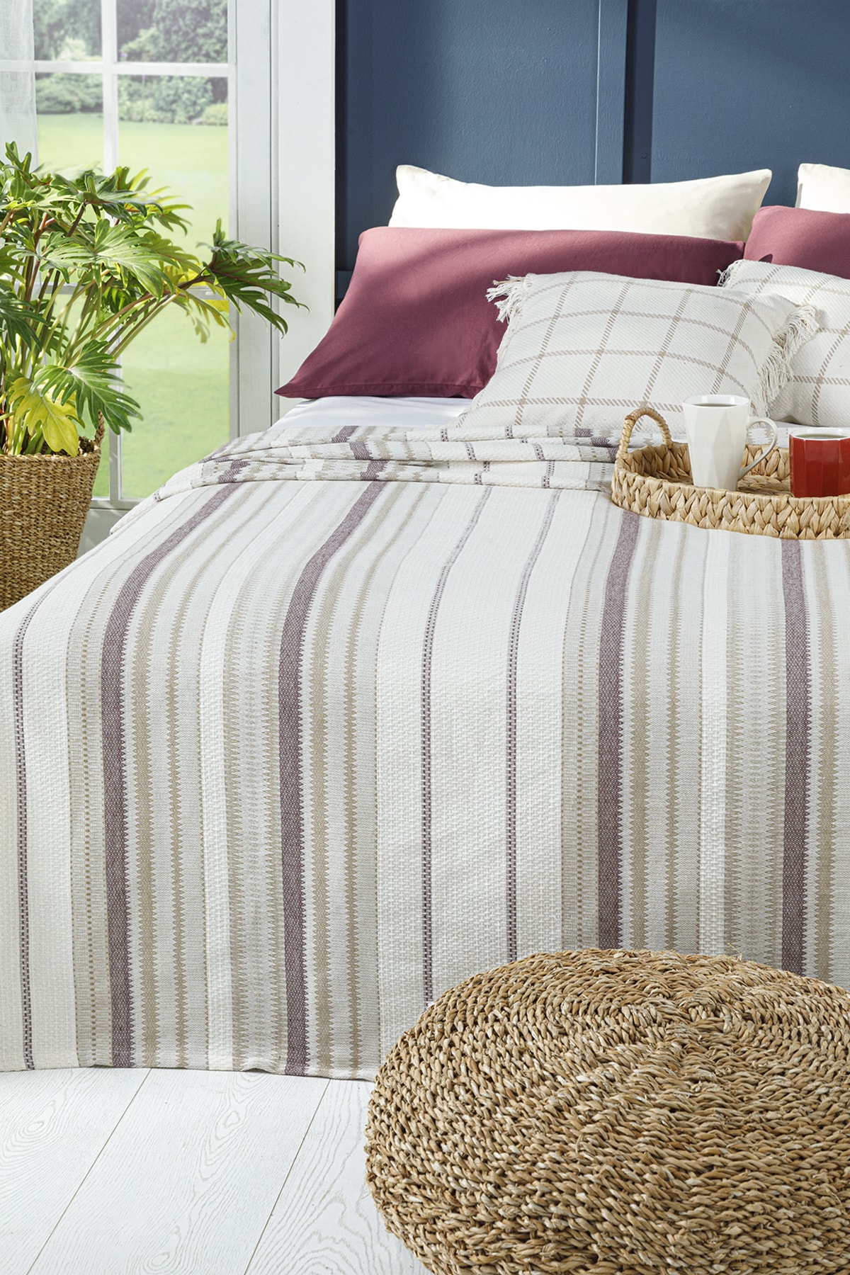 English Home Contemporary İpliği Boyalı Çift Kişilik Pike 200x220 Cm Bej – Bordo