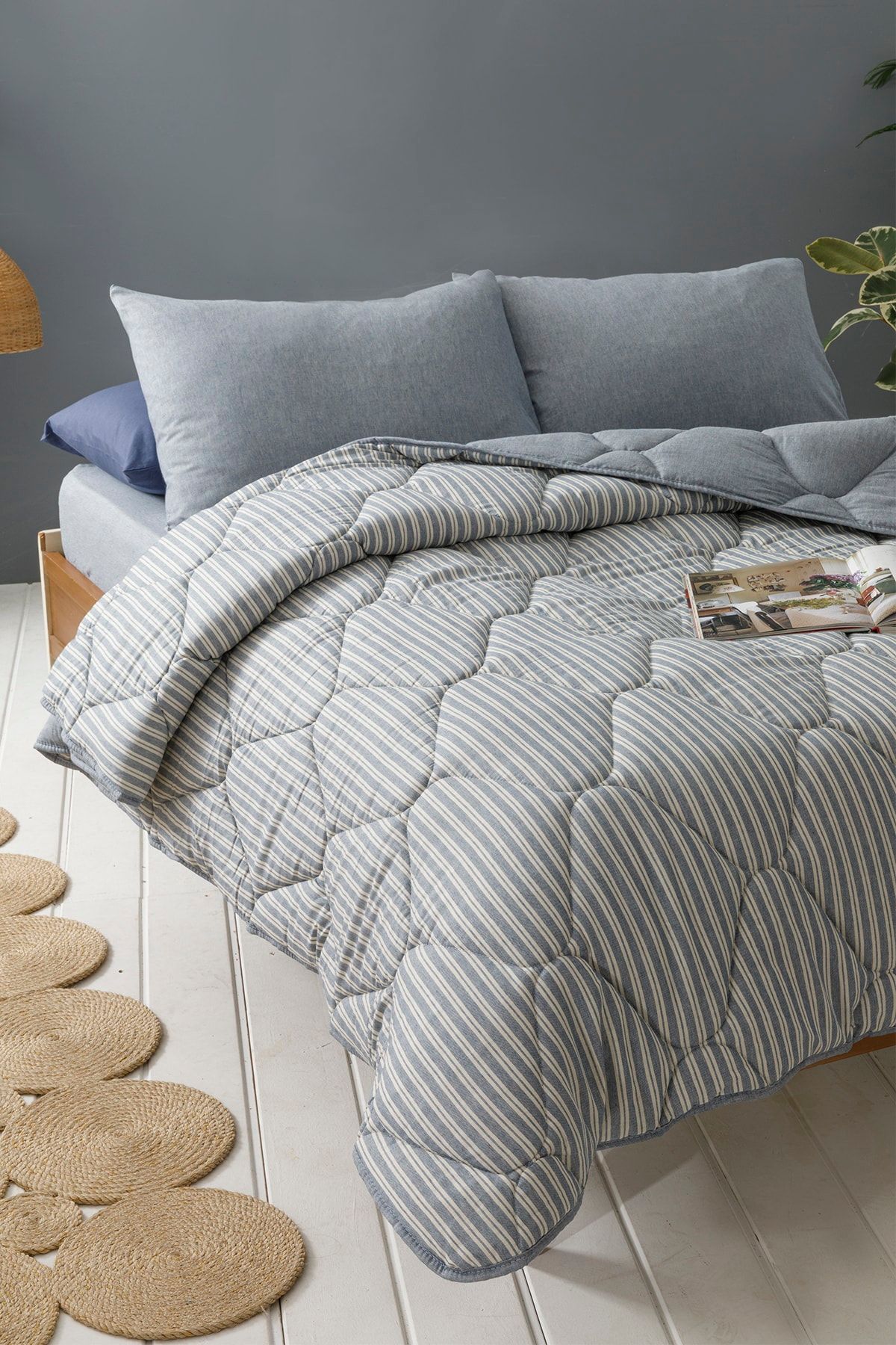 English Home Comfy Stripe İpliği Boyalı King Size Uyku Seti 240x220 Cm Mavi