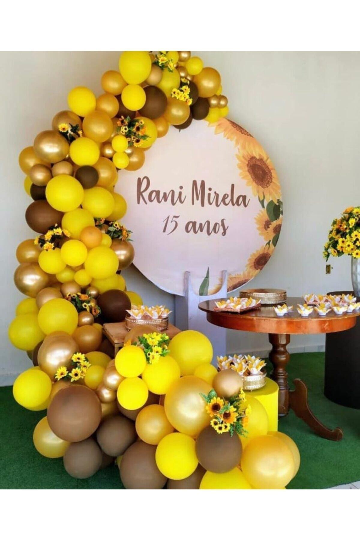 MAVİ PARTY Ayçiçeği Konsept Soft Balon Zinciri Pastel Sarı Karamel Metalik Gold 80 Adet