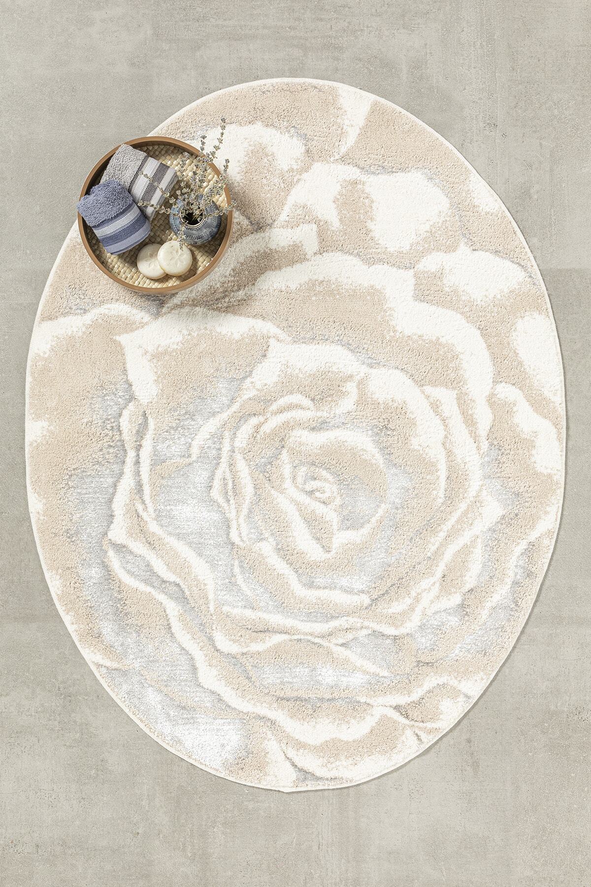 English Home Pretty Rose Pamuklu Floş Pamuklu Banyo Paspası 90x120 Cm Pembe-gri-krem