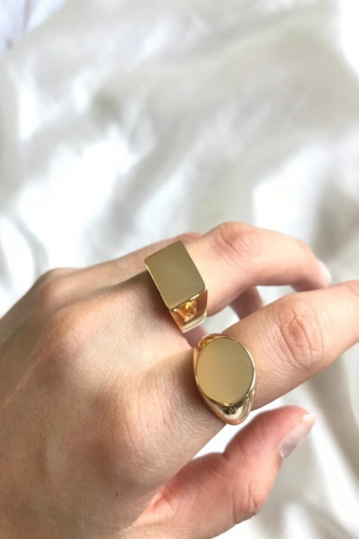 Reina Accessorize Kare Ve Yuvarlak Şövalye Gold Yüzük Ayarlanabilir