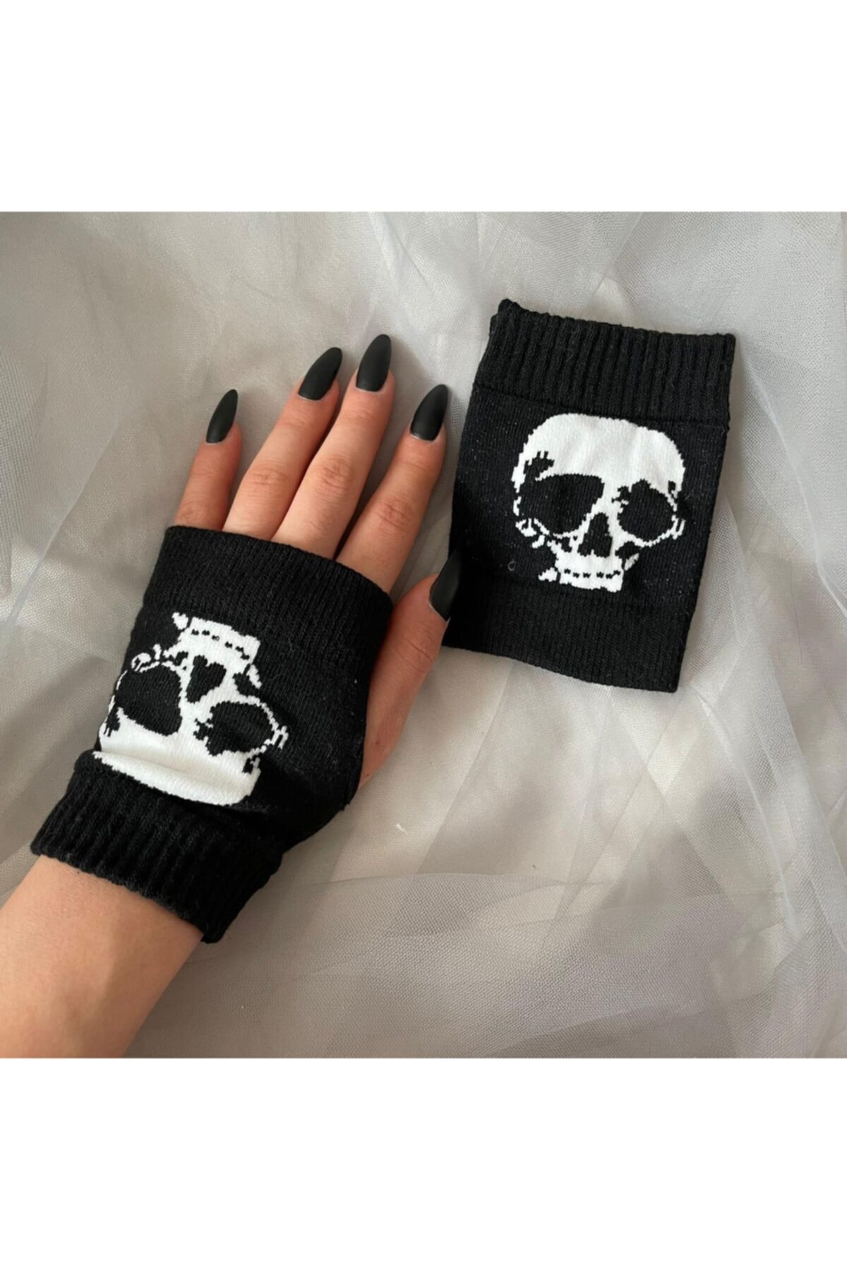 Planet Butik Gothic Skull Işlemeli Unisex Kısa Eldiven