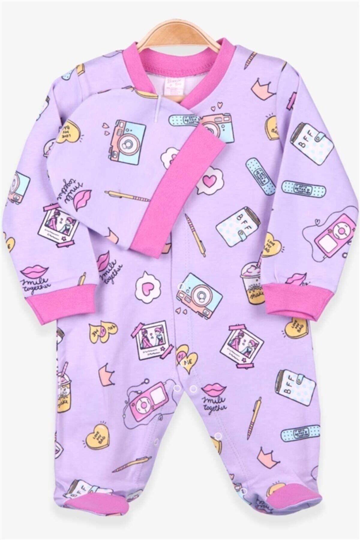 moto angela Kız Bebek Tulum Desenli Şapkalı Set Eflatun Soft Giyim (0-3-6 Ay)