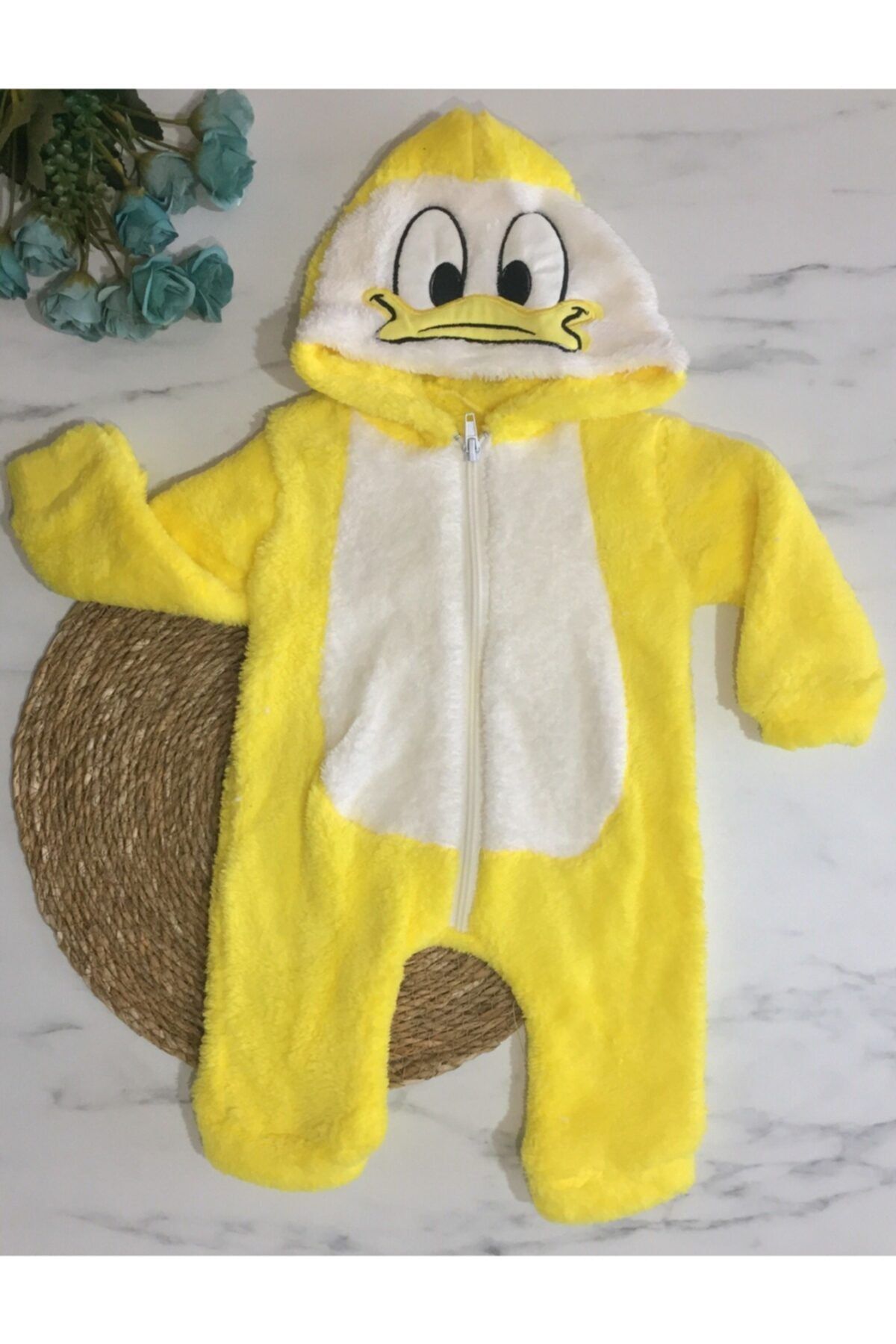 GÜL Baby Mubebe Ördek Desenli Kışlık Kapşonlu Velsoft Peluş Unısex Tulum