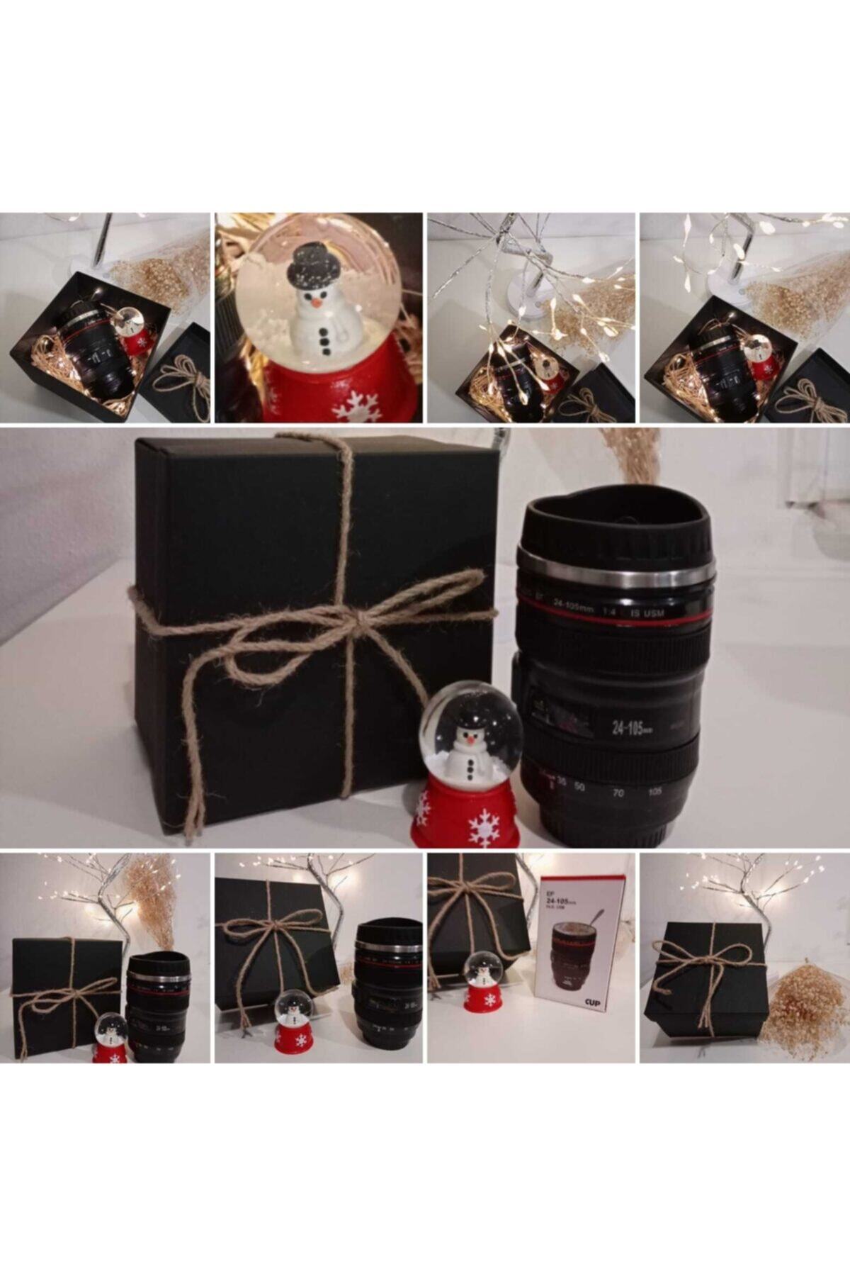 rucica gifts Dekoratif Siyah Kutuda Objektif Termos Kardan Adam Kar Küresi Led Işıklı Yeni Yıl Hediye Seti