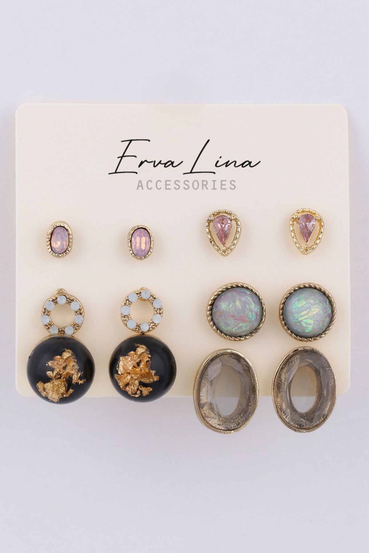 Ervalina Zirkon Taşlı 5 Çift Kombin Küpe Set