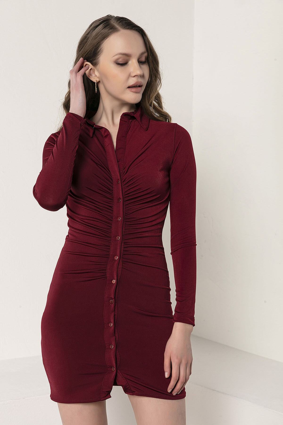 Kadın Modası Kadın Bordo Yakalı Düğmeli Önü Büzgülü Candy Elbise