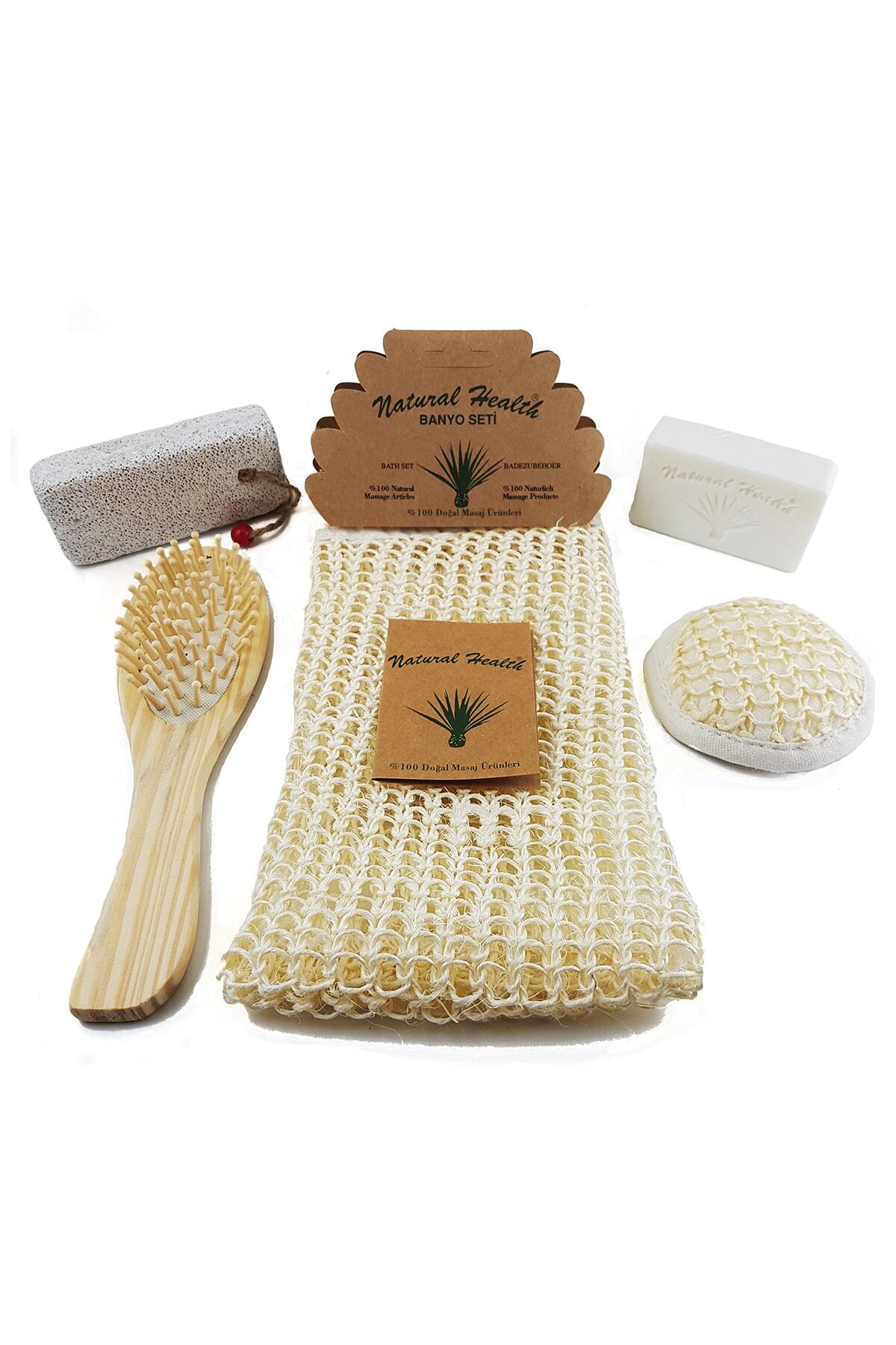 NATURAL HEALTH Doğal Sisal 5'li Banyo Ve Duş Seti - Masaj Lifi Kese, Yüz Lifi, Doğal Sabun, Ponza Taşı, Saç Fırçası