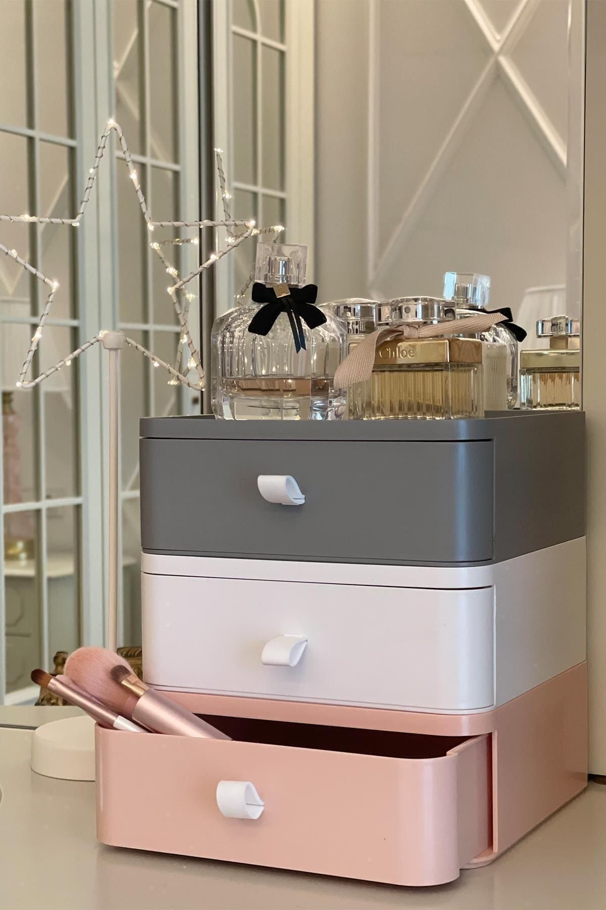 DNZTREND 3'lü Takı Makyaj Ve Kozmetik Düzenleyici Çekmece Çok Amaçlı Masaüstü Organizer Mix Beyaz-gri-pembe