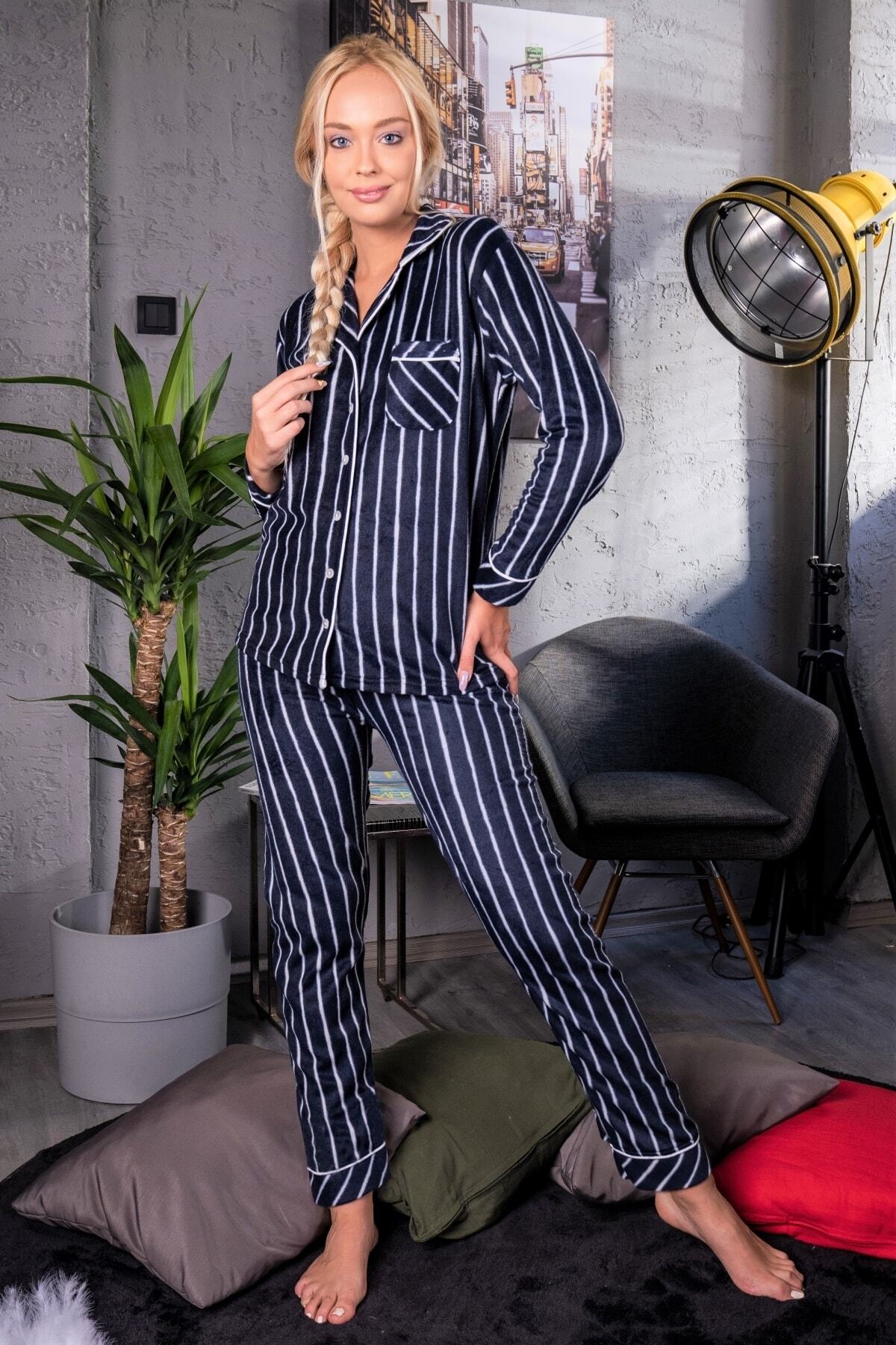 Mirano Gömlek Yaka Çizgi Desenli Düğmeli Uyku Bantlı Slim Fit Ince Polar Dokulu Pijama Takımı