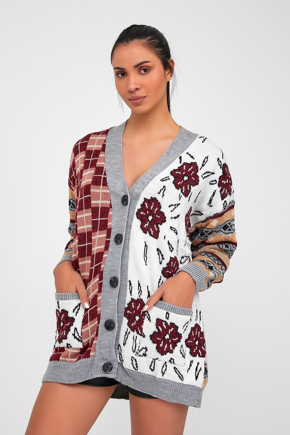 Cool Style Kadın Gri Oversize Etnik Desen Triko Hırka