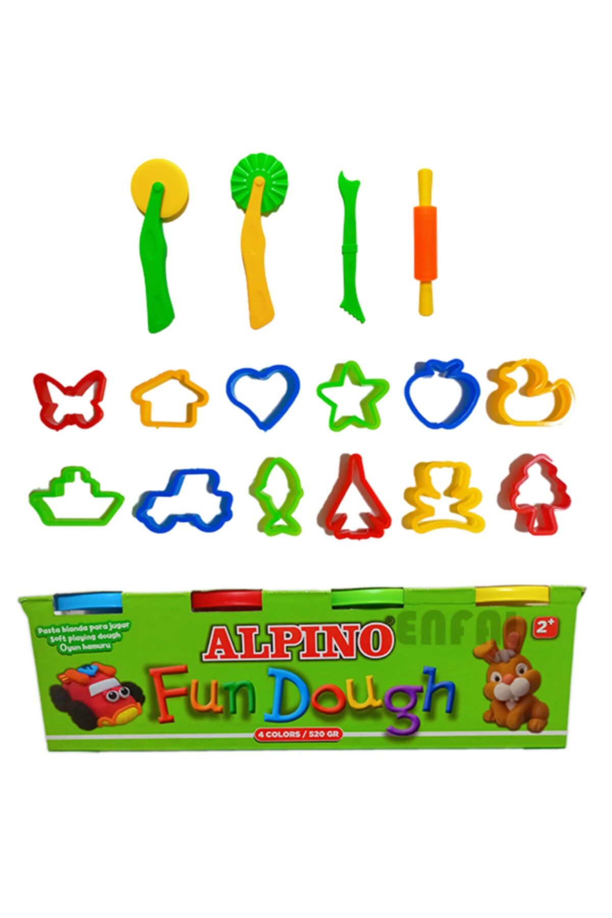 enfal kitap kırtasiye 20 Parça Oyun Hamuru Seti Alpino Büyük Boy Karıştırılabilir 4 Renk 520 Gr Şekiller Ve Kesici Set