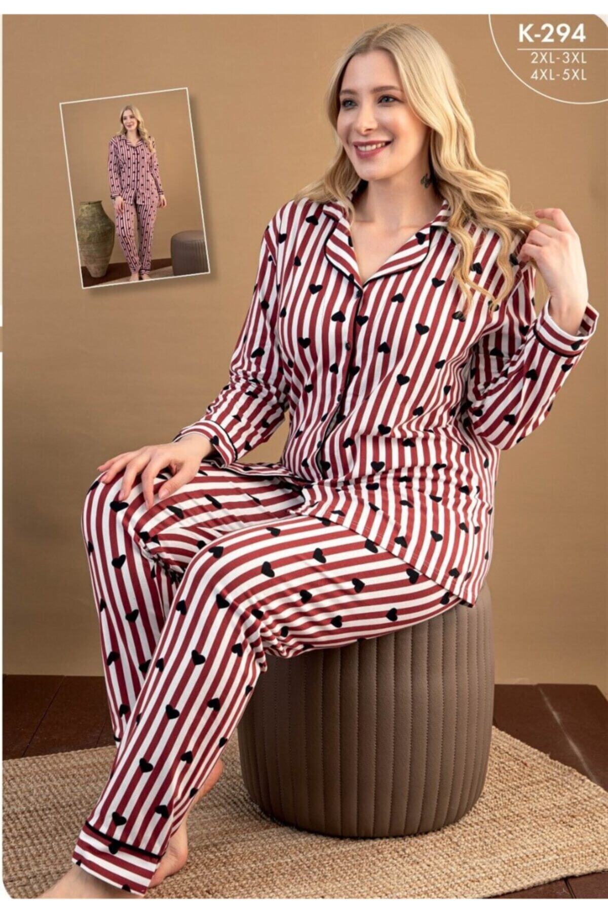 Aria's Closet Düğmeli Büyük Beden Çizgili Pijama Takımı