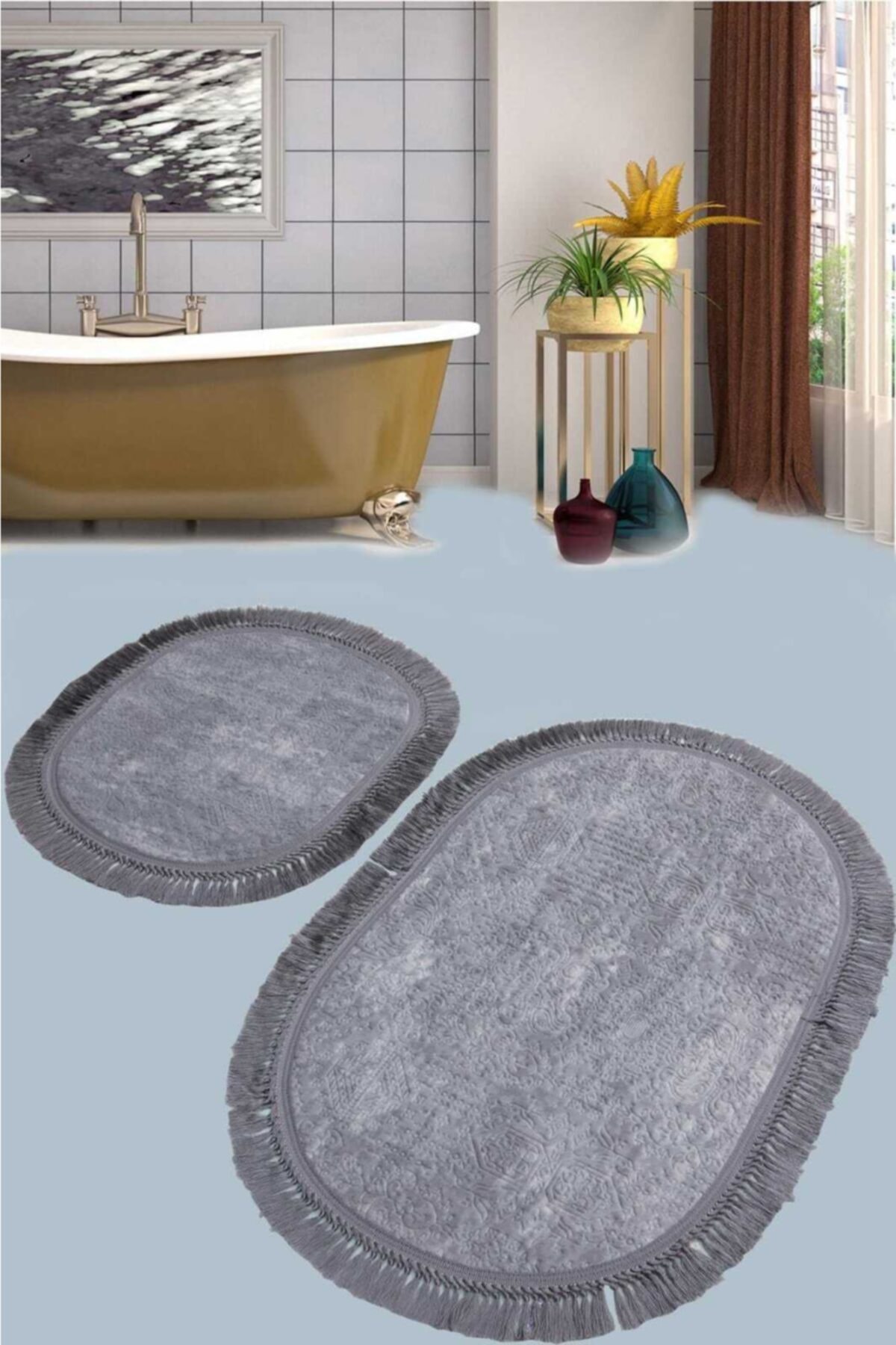 GELONYA Banyo Halısı Paspas Pamuk Kaymaz Taban Oval Saçaklı 2 Li Klozet Takımı (Gri, 60 x 100 cm)