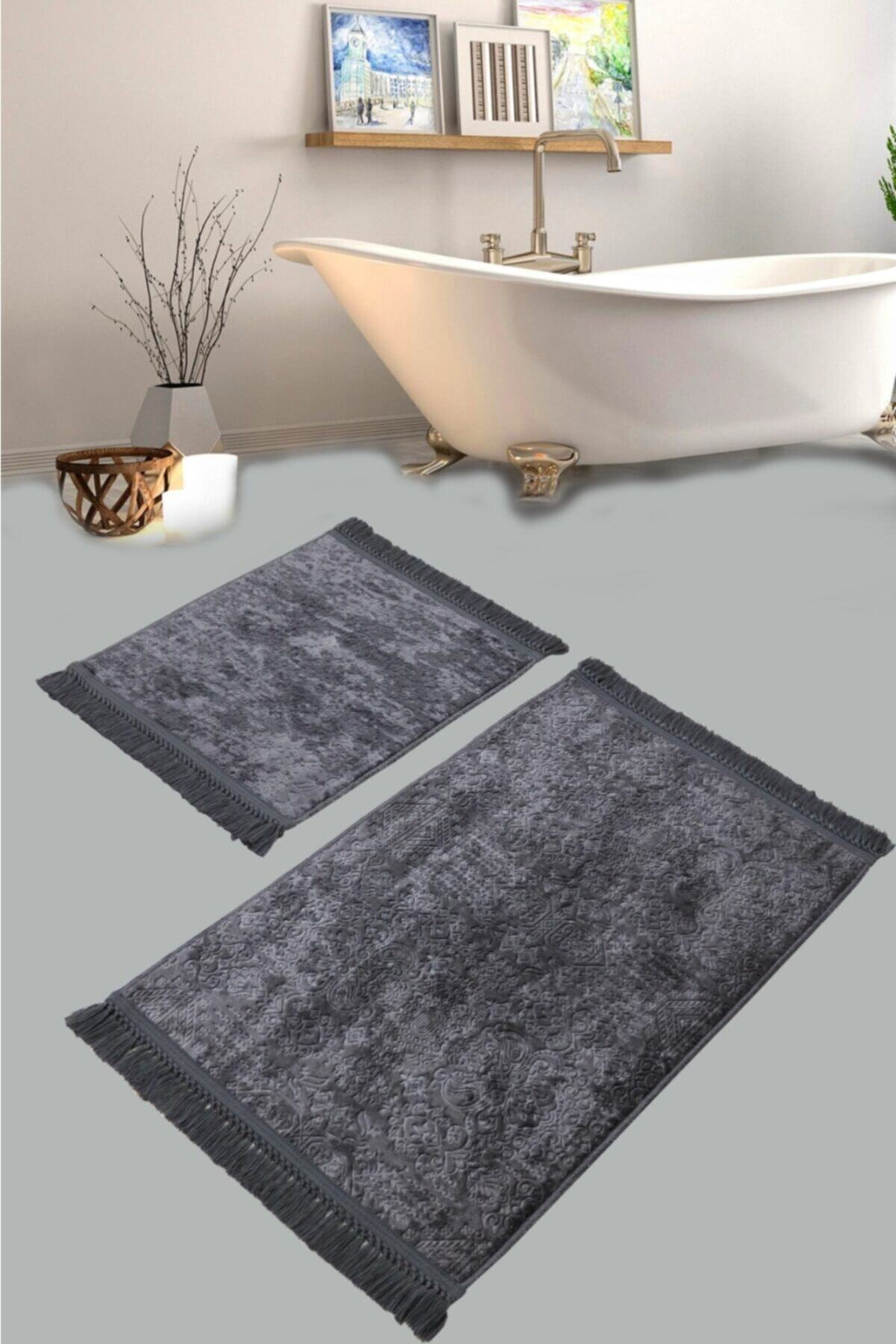 GELONYA Banyo Halısı Paspas Pamuk Kaymaz Taban Kare Saçaklı 2 Li Klozet Takımı (Antrasit, 60 x 100 cm)