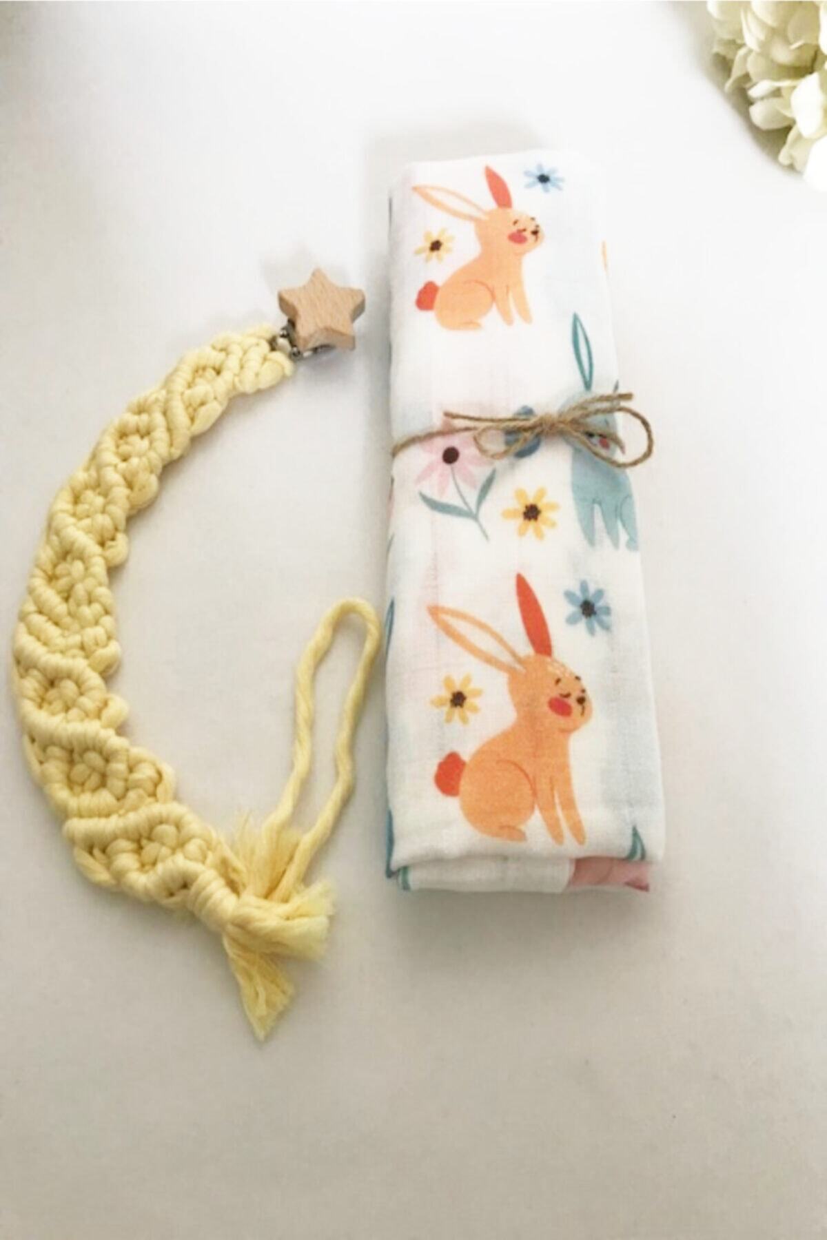 Mintimia 2'li Set-makrome Emzik Askısı Sarı Ve Tavşanlı Müslin Örtü