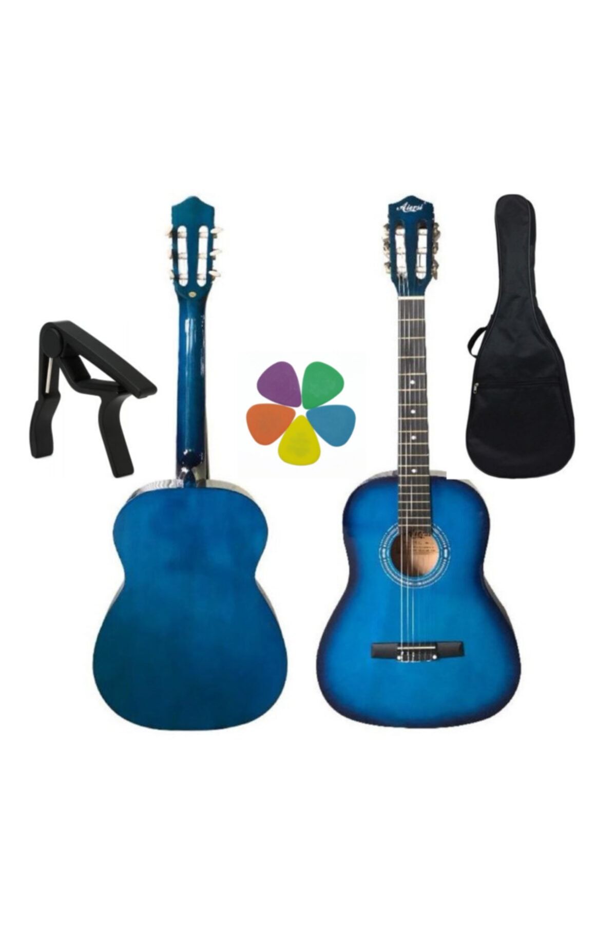 Aiersi 4/4 Tam Boy Klasik Gitar Full Set Mavi (Kılıf, Tel, Kapo,pena)