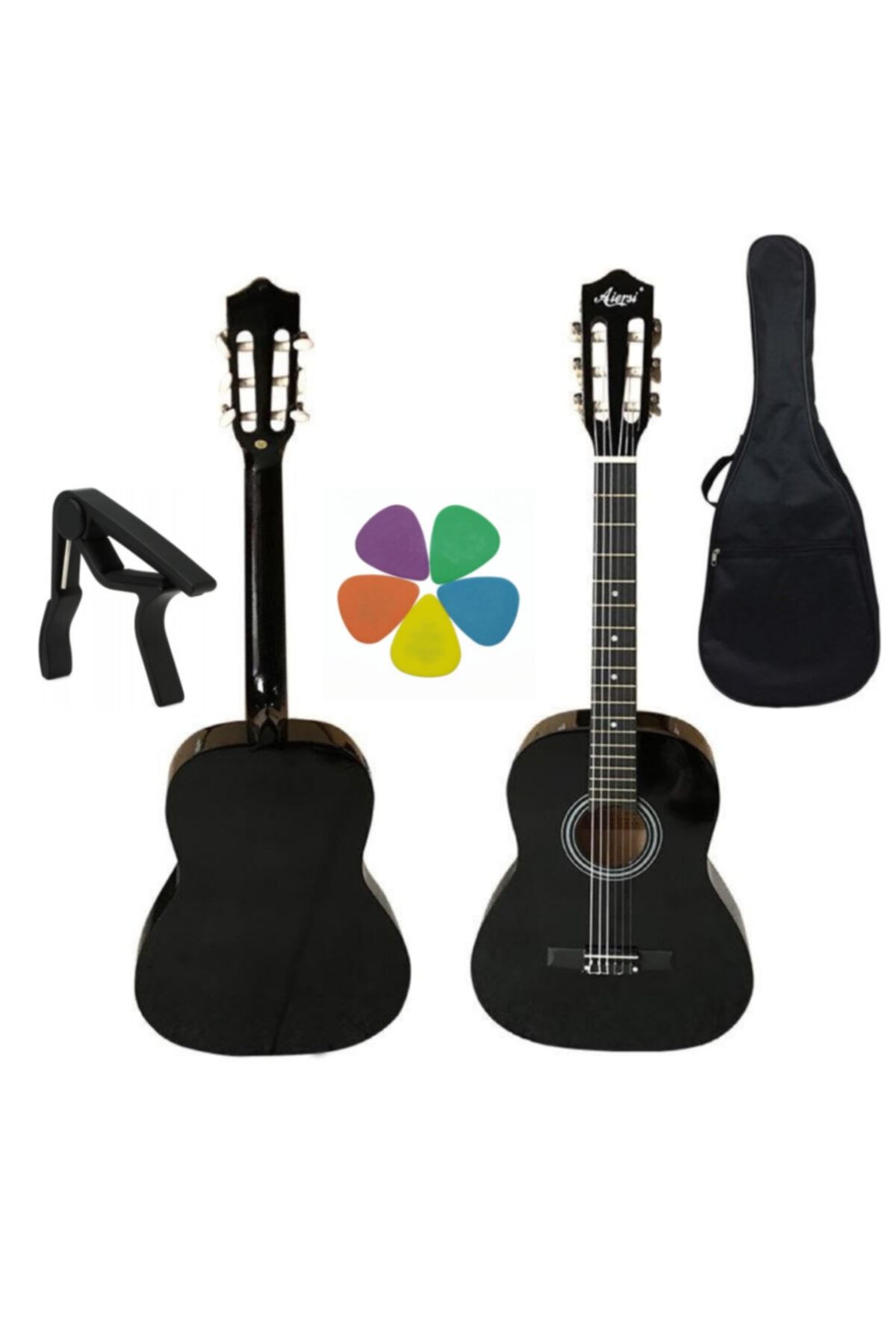 Aiersi 4/4 Tam Boy Klasik Gitar Full Set Siyah (Kılıf, Tel, Kapo,pena)