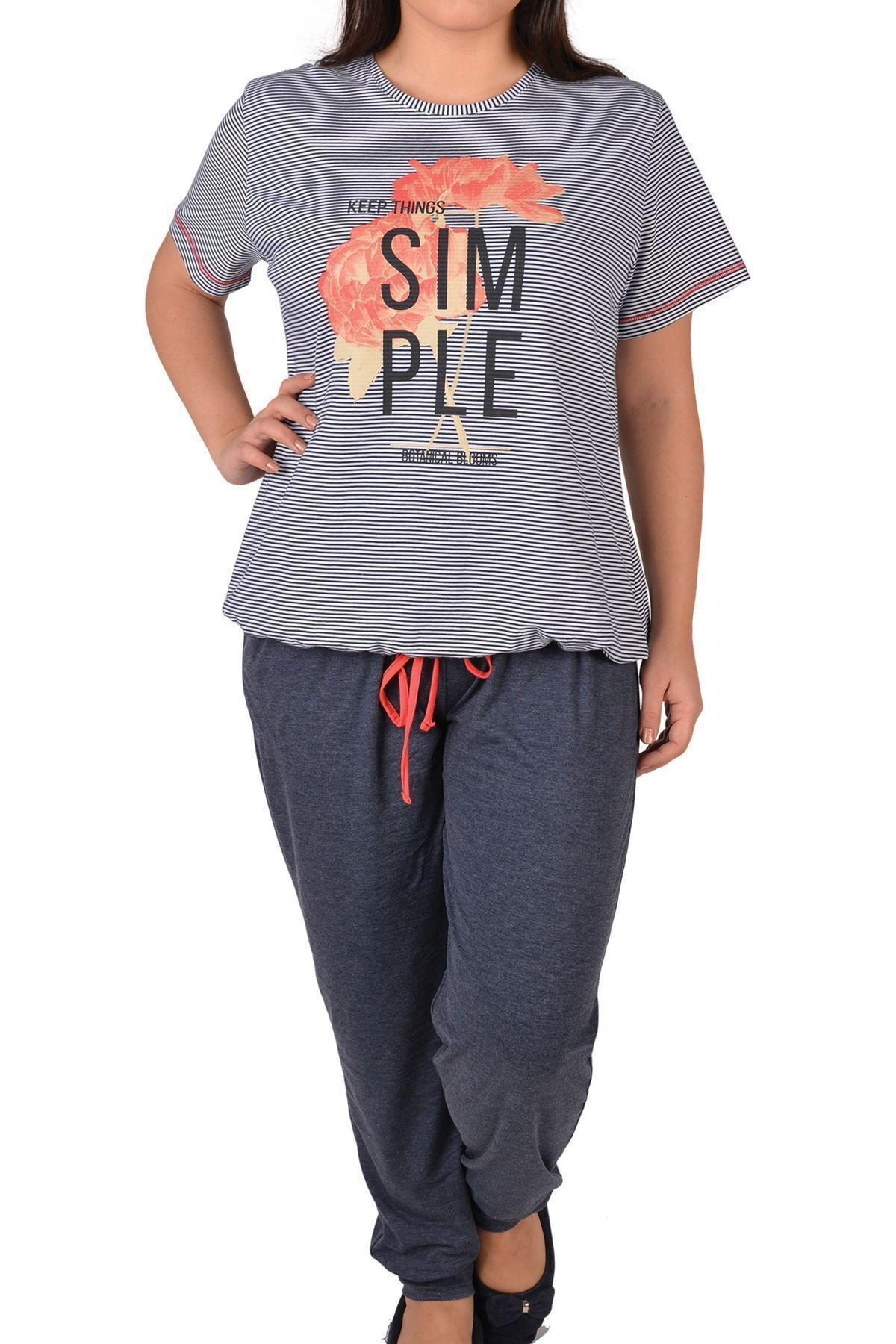 Nicoletta Lacivert Kadın Pijama Takımı Kısa Kollu Büyük Beden