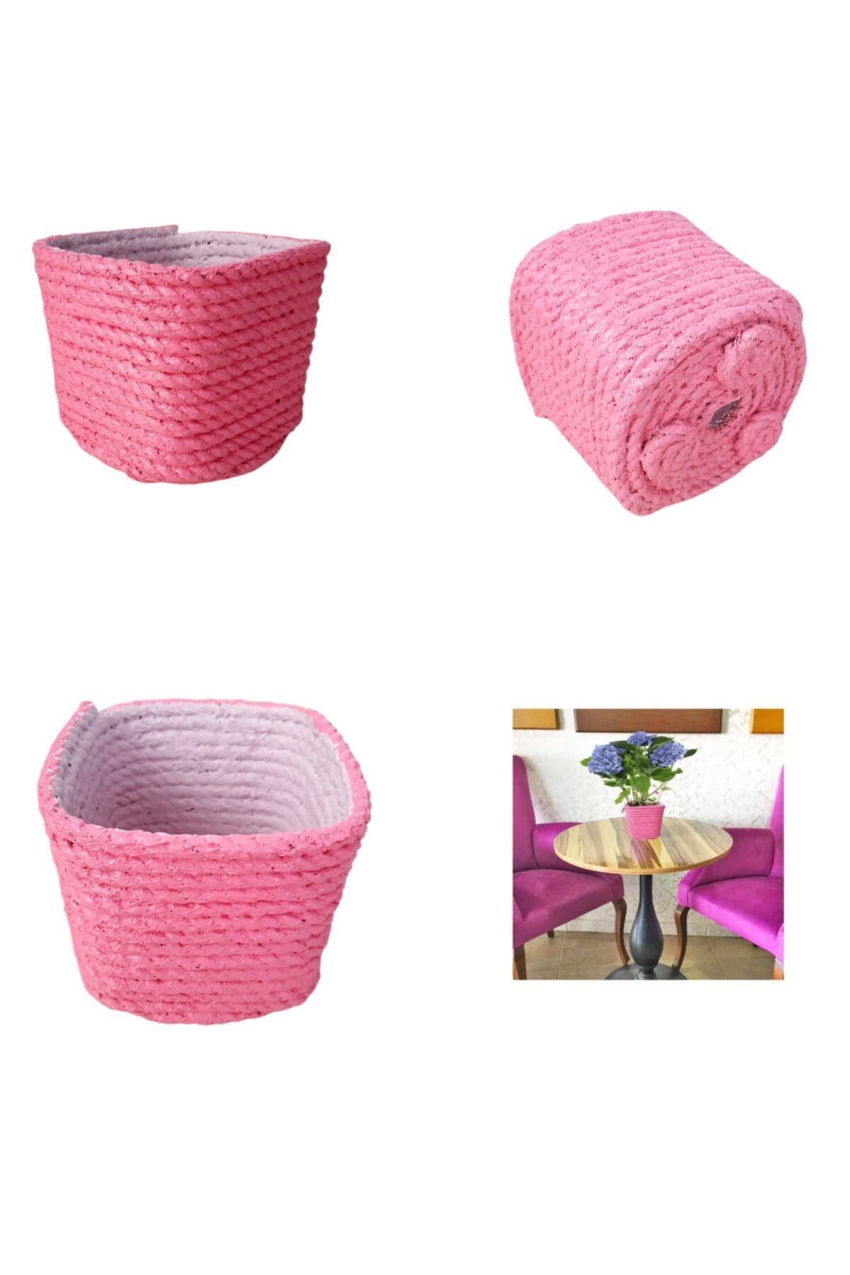 HİLALSHOP Saksı Drenajlı Doğal Jüt Halat Ip Hasır Modeli Pembe 0,5lt
