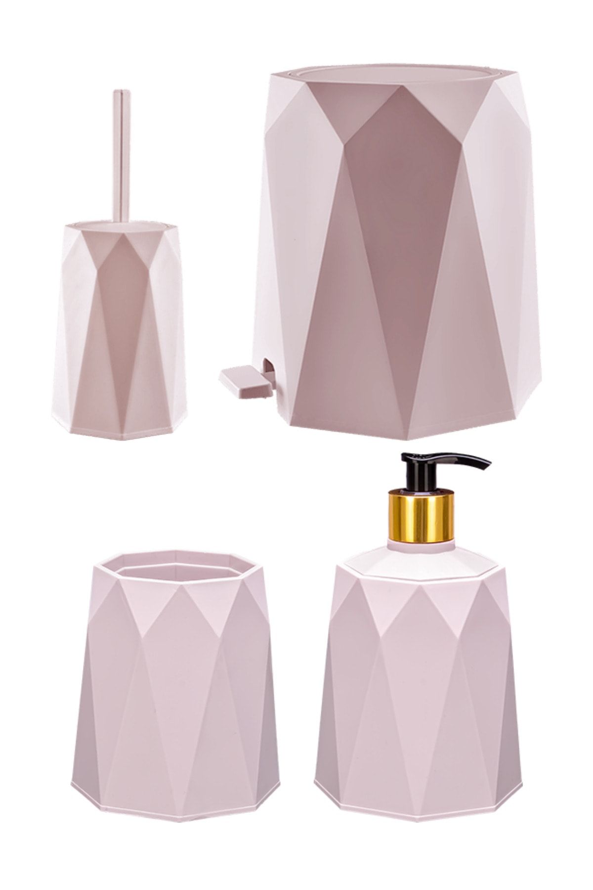 Wook Home 4'lü Plastik Lavabo Takımı - Çöp Kovası,wc Fırçası, Sıvı Sabunluk, Diş Fırçalık