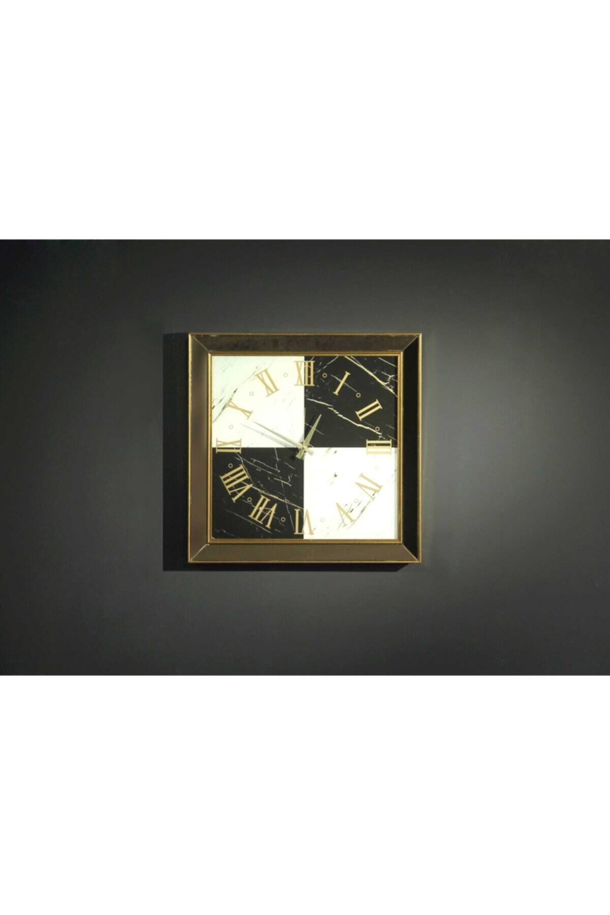 mia valentino Ithal Çerçeve Bronz Ayna Üzerine Duralit Ve Polyester Işlemeli Fayans Desenli Duvar Saati 70x70 Cm