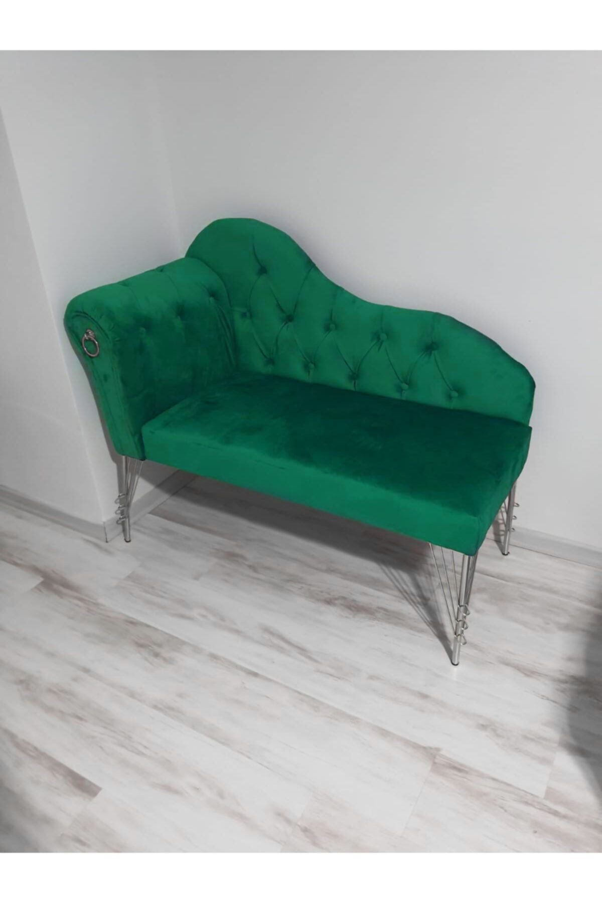 Sepetten Evine 120 Cm , Zümrüt Yeşil Renk Yeni Nesil Köşe Koltuğu Josefin Bench Puf Metal Krom Ayak