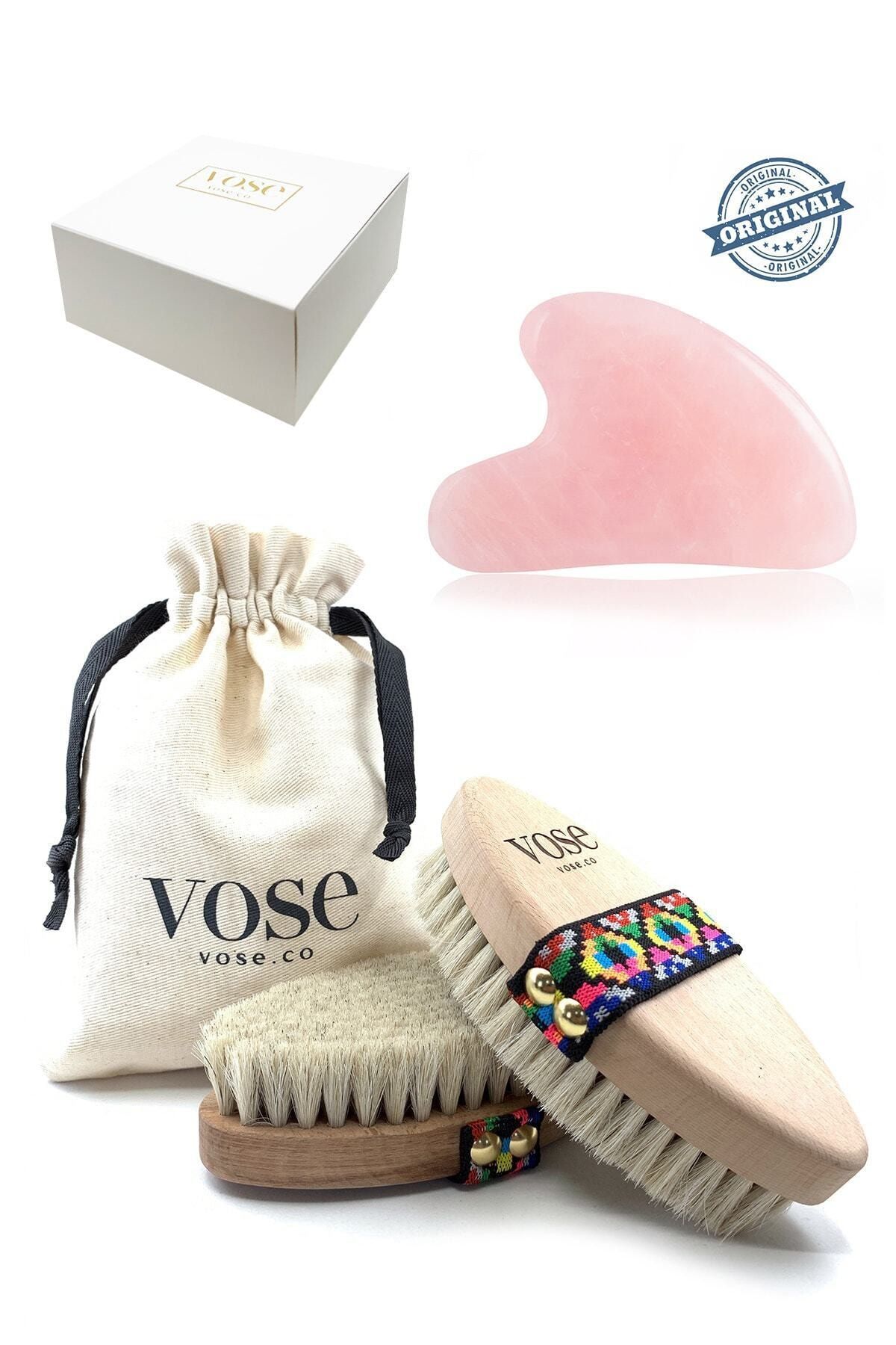 Vose %100 Doğal At Kılı Selülit Fırçası - Tulip & Rose Quartz Gua Sha Masaj Taşı