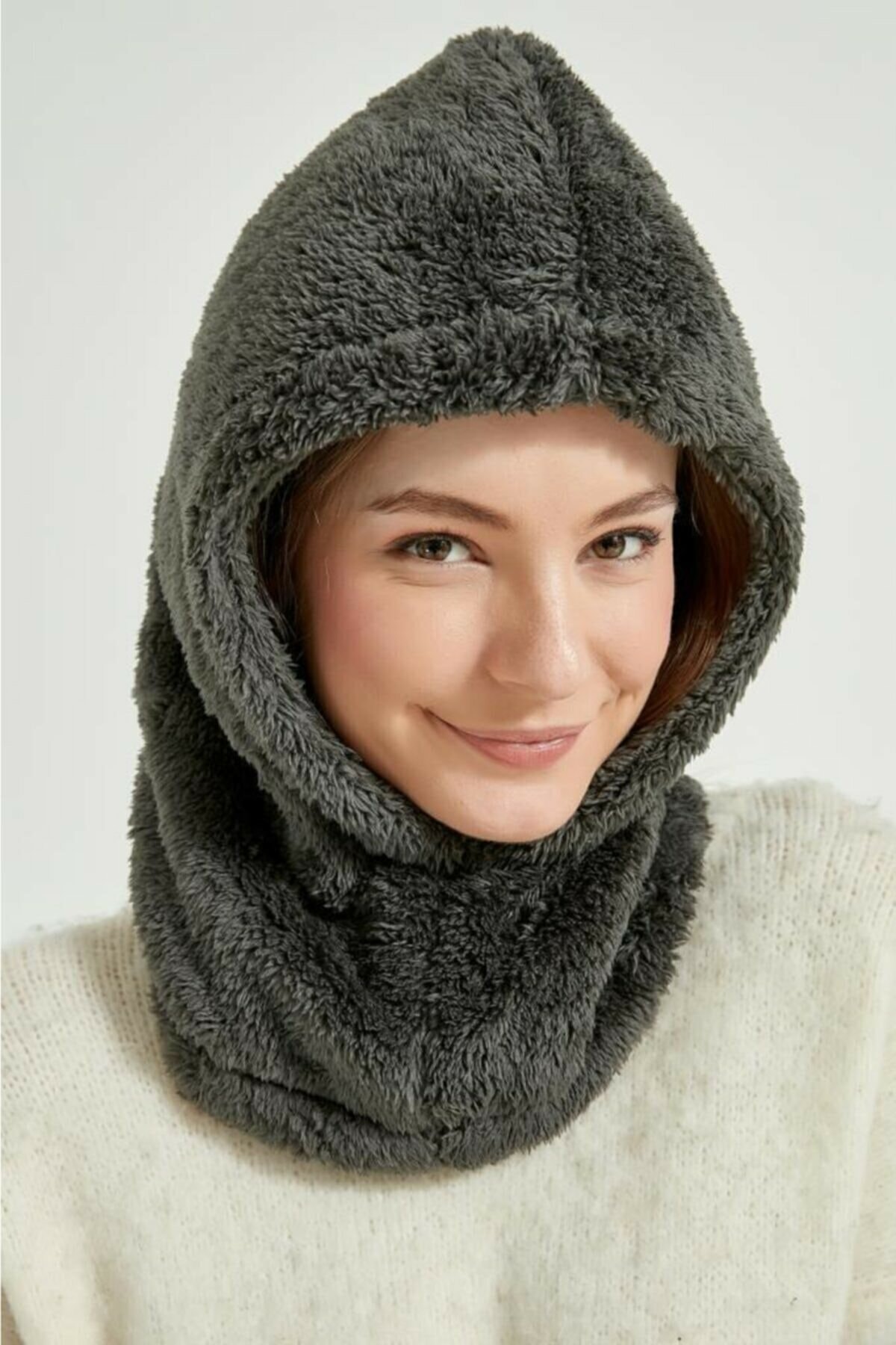 MARBERRY Antrasit Unisex Kürk Boyunluk Kar Şapkası