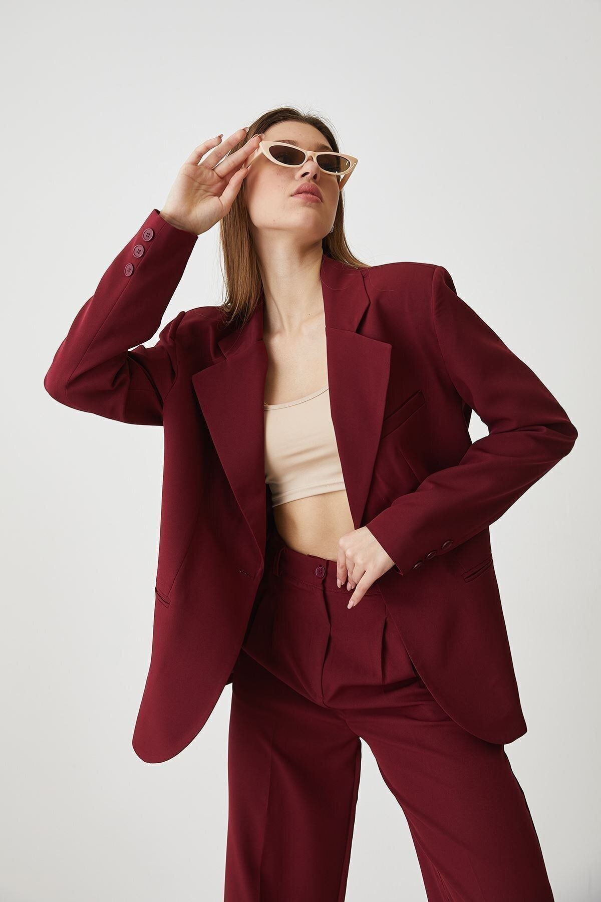 Eka Kadın Bordo Oversize Blazer Ceket Pantolon Takım 0993-2222