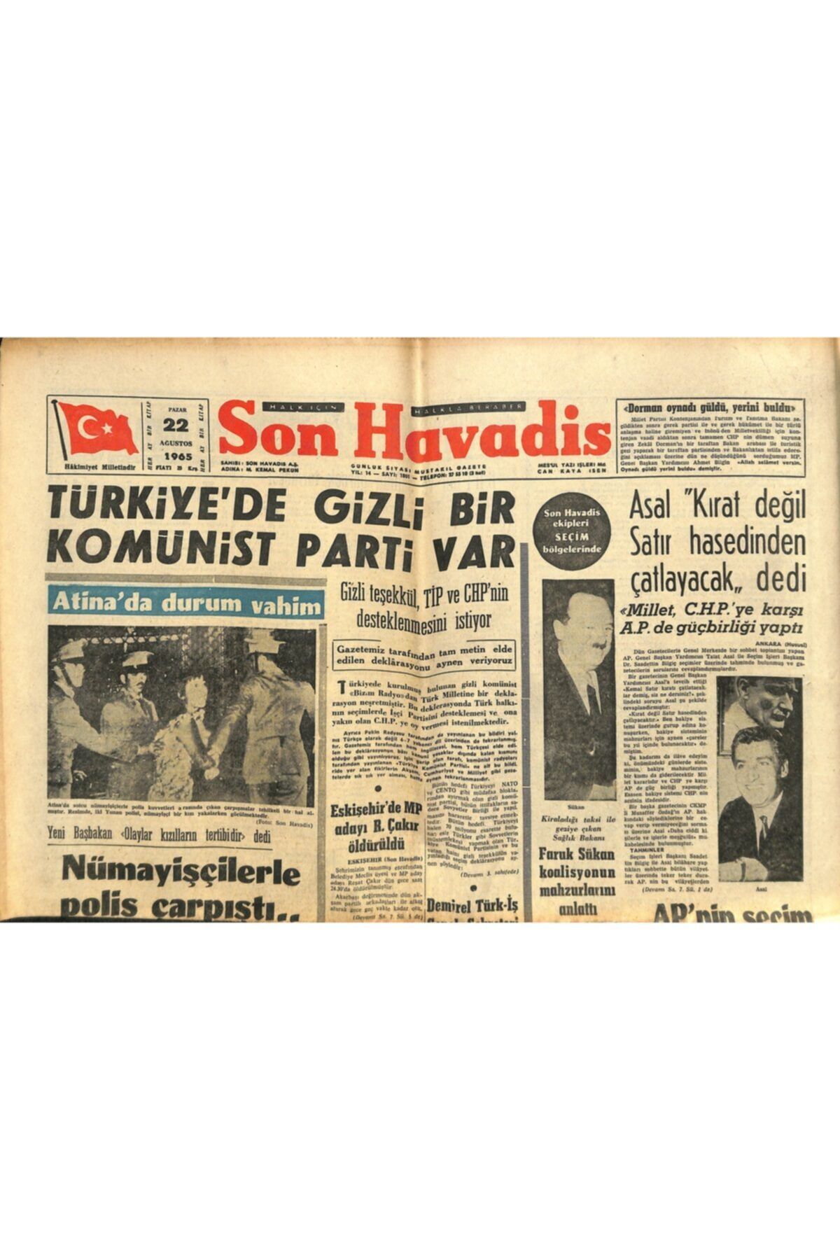 Gökçe Koleksiyon Son Havadis Gazetesi 22 Ağustos 1965 - Türkiye'de Gizli Bir Komünist Parti Var