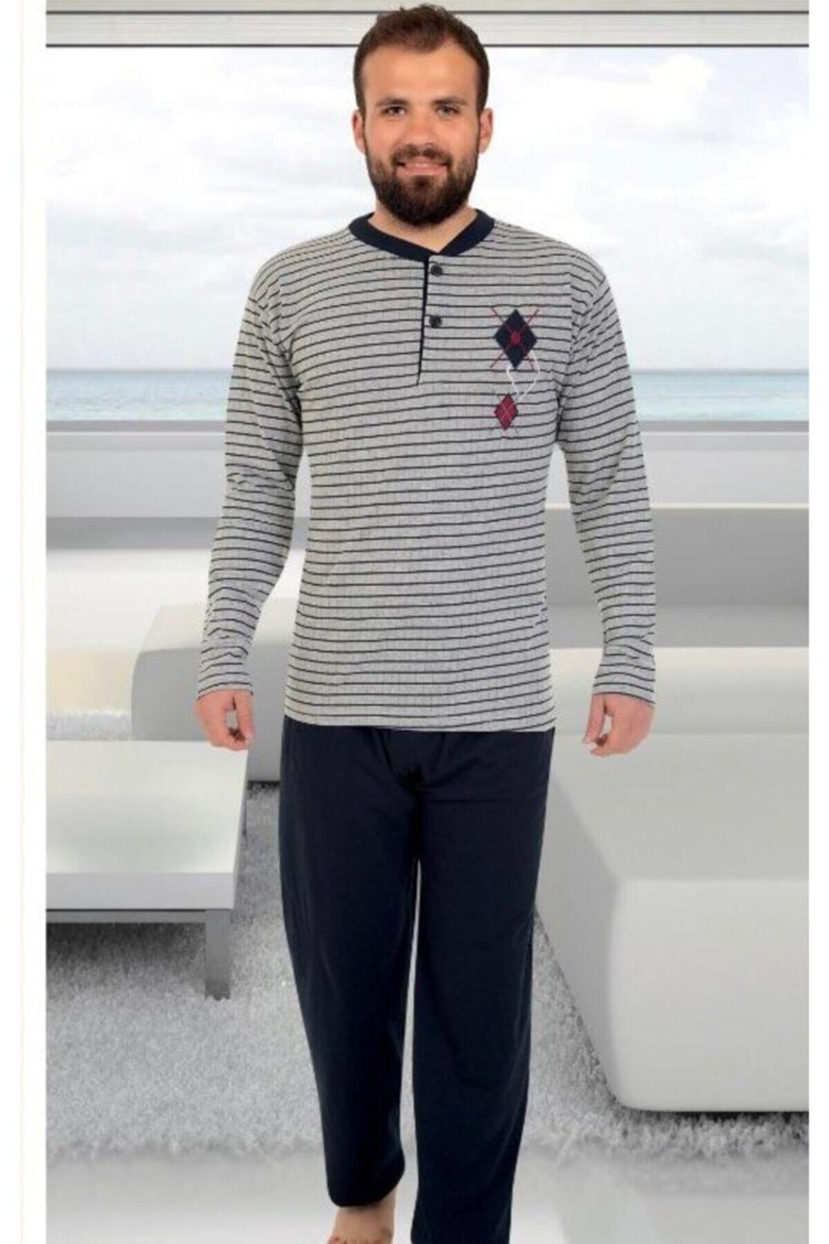 ZBTEKS Erkek Gri Kışlık Uzun Kollu Pijama Takımı