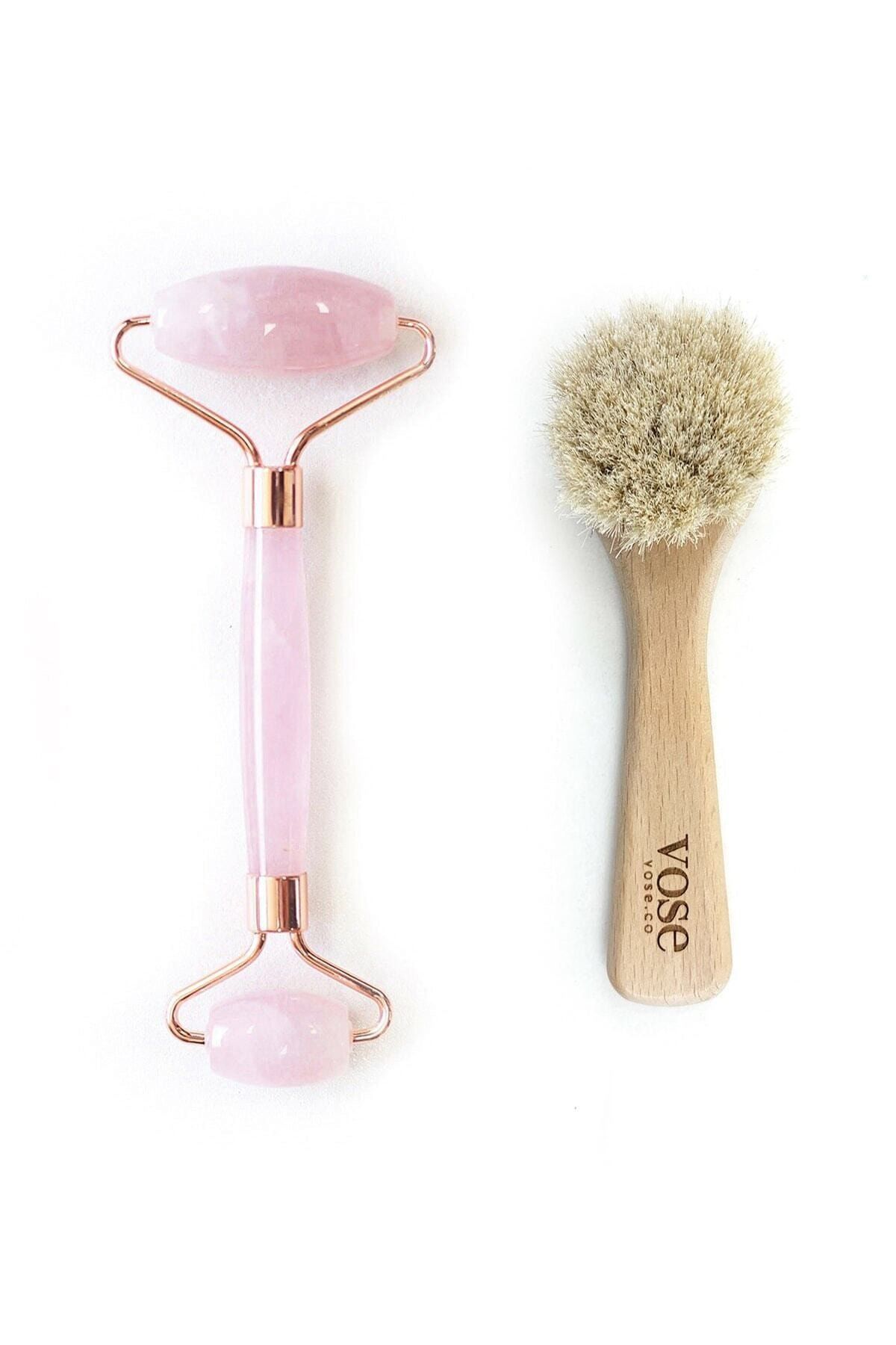 Vose 2' Li Set Rose Quartz Facial Roller + Yüz Fırçası %100 Doğal At Kılı