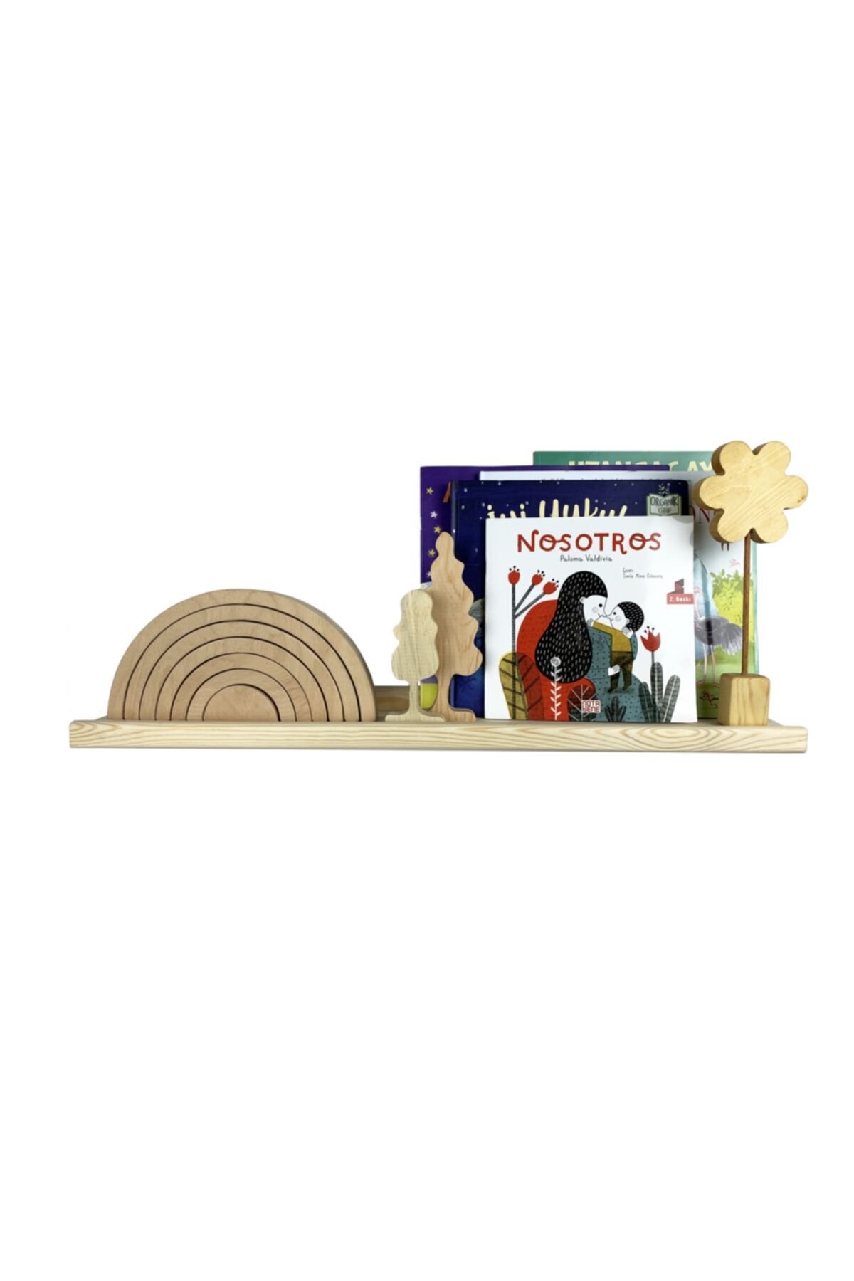 Ahşap Adası Montessori Doğal Ahşap Çocuk Odası Kitap Çerçeve Resim Rafı 40cm