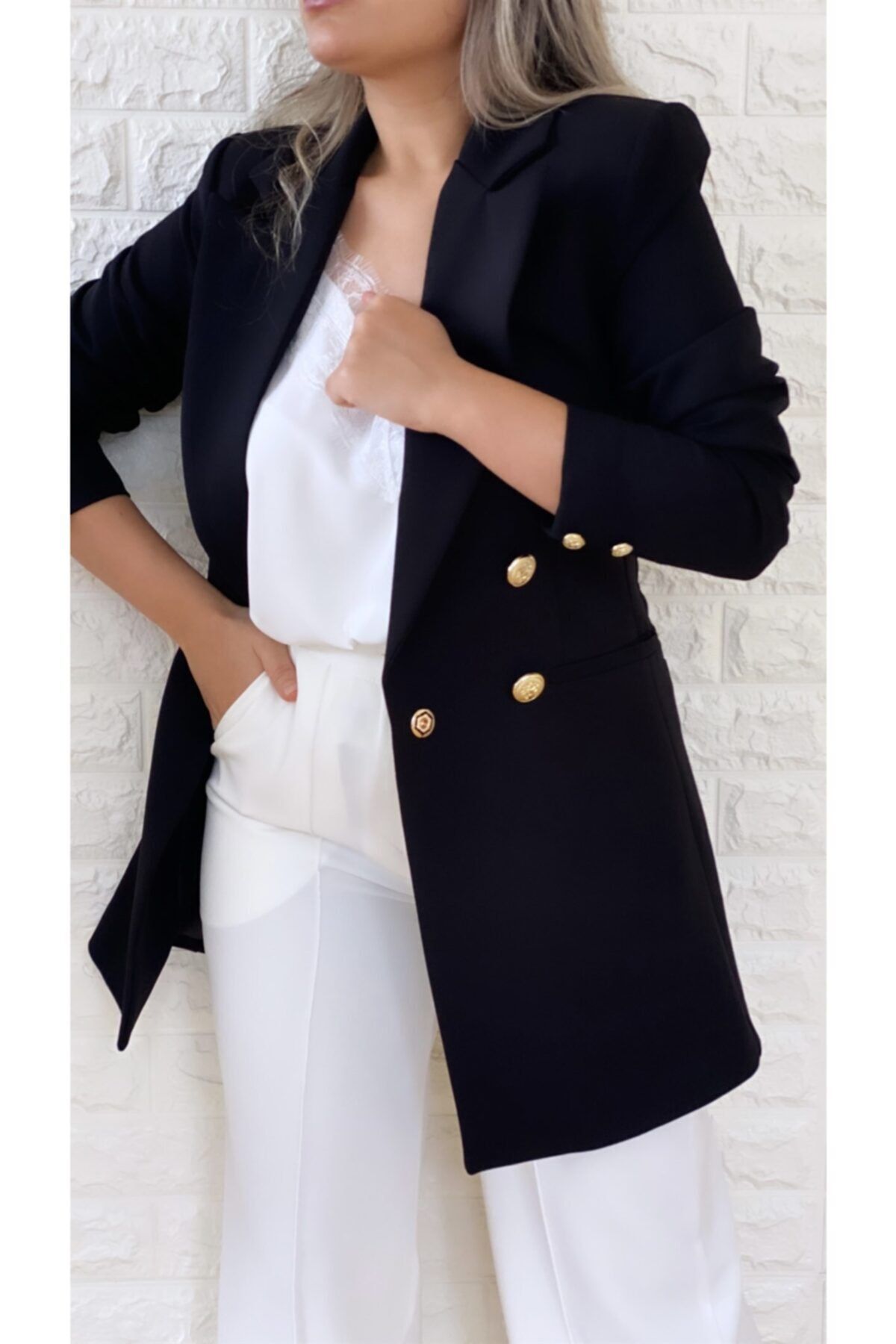SEDA FİDAN Uzun Gold Düğmeli Blazer Ceket Siyah
