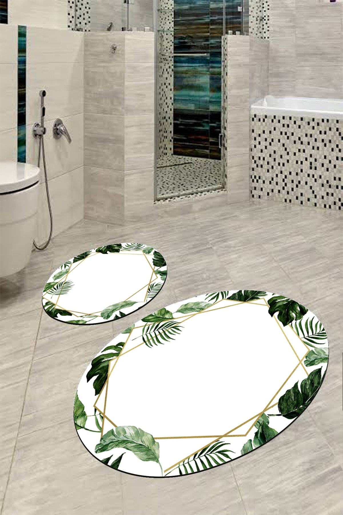 BiRKiLiM Oval Banyo Halısı Klozet Paspas Takımı Kaymaz O-dot-tk-ht892