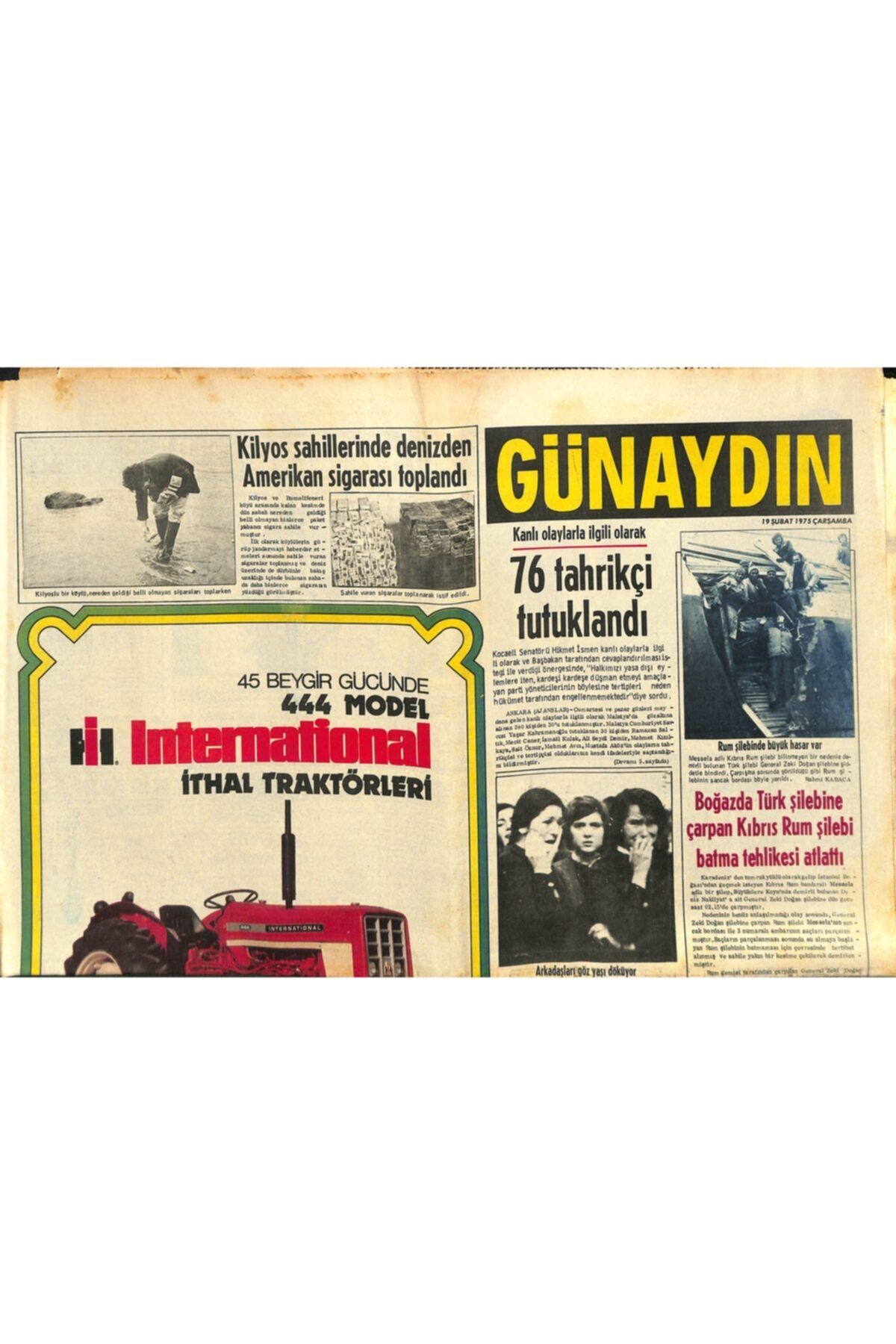 Gökçe Koleksiyon Günaydın Gazetesi 19 Şubat 1975 - Kilyos Sahillerinde Denizden Amerikan Sigarası Toplandı