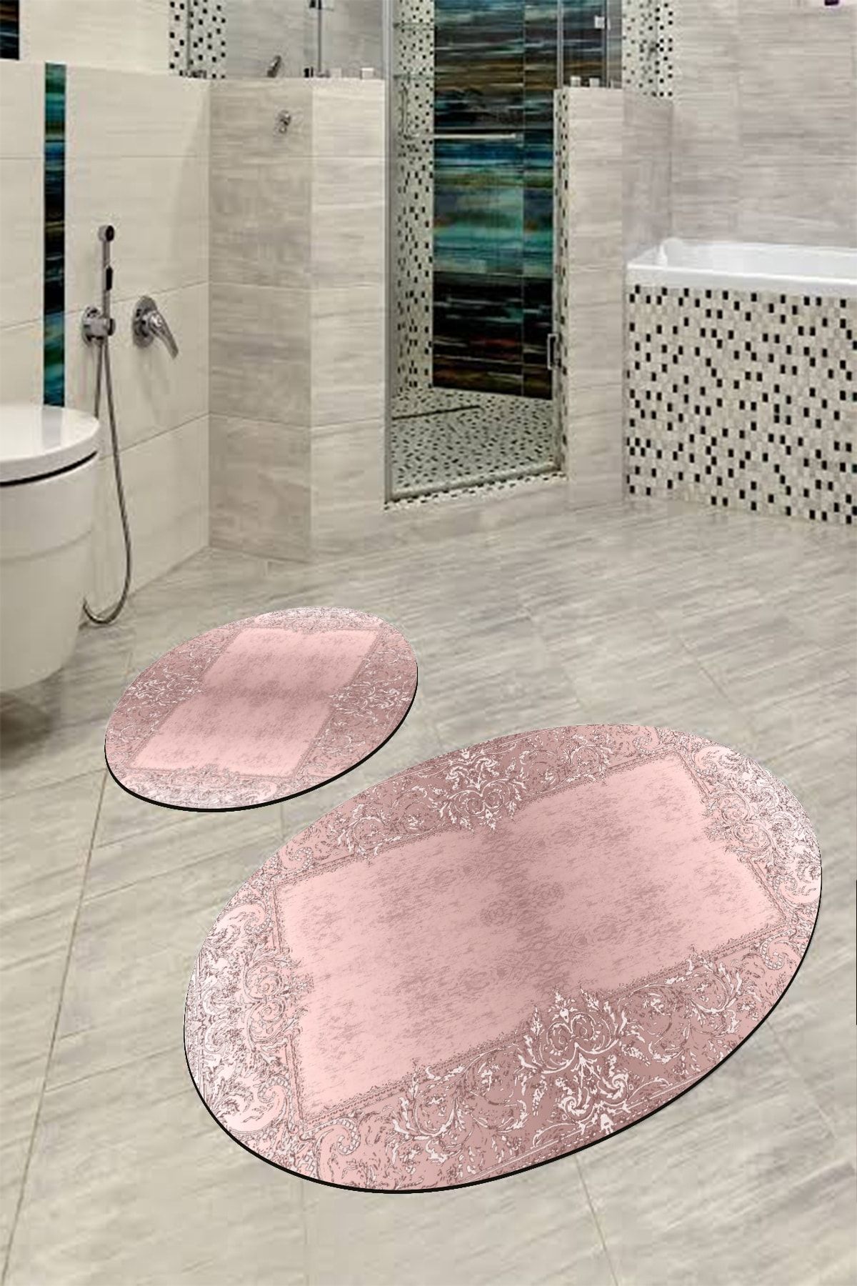 BiRKiLiM Oval Banyo Halısı Klozet Paspas Takımı Kaymaz O-dot-tk-ht349