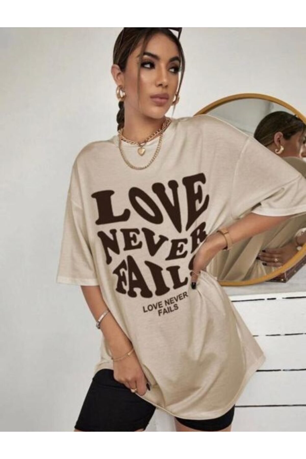 La Ban Kadın Camel Love Never Fails Baskılı Oversize T-shırt