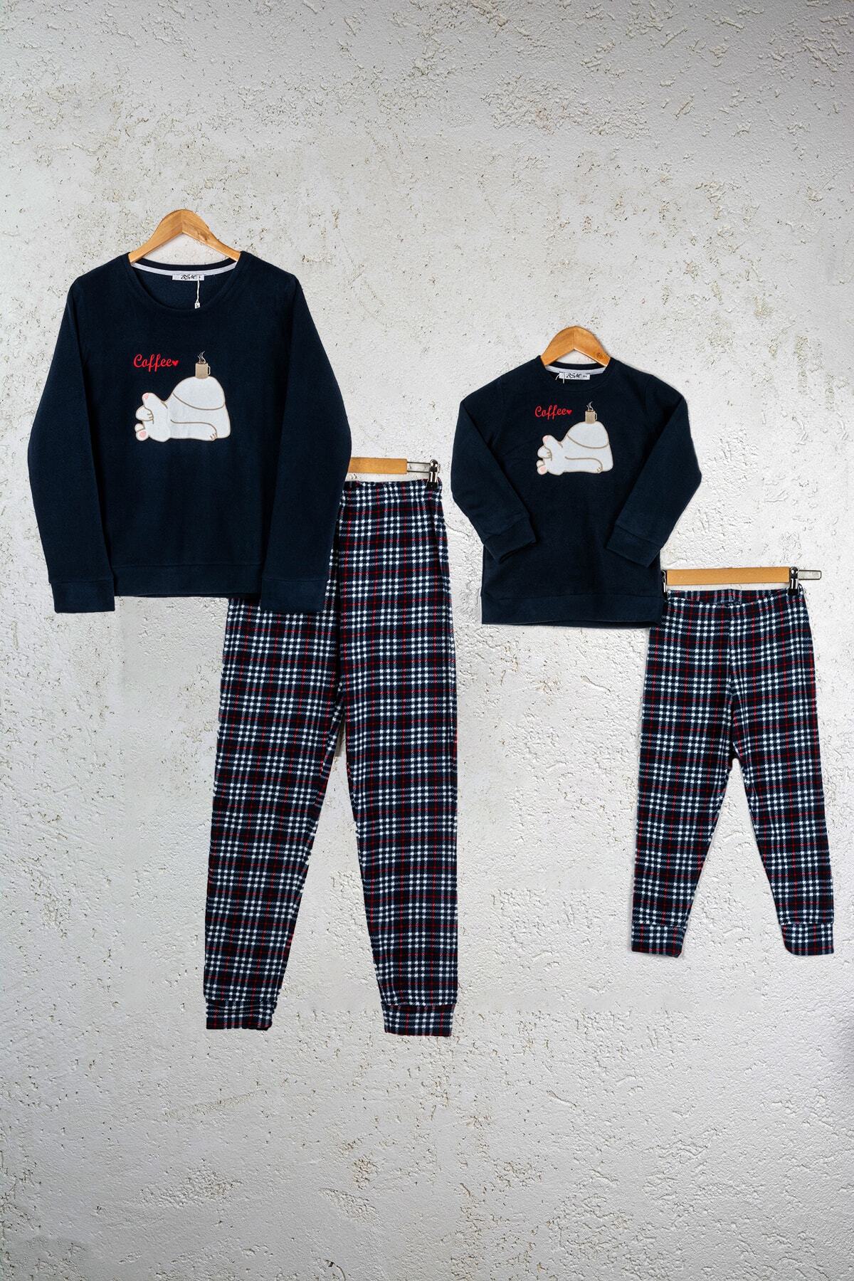 BSM Aile Kombini Anne Kız Lacivert Polar Ekoseli Yüksek Kalite Manşetli Uzun Kollu Pijama Takımı