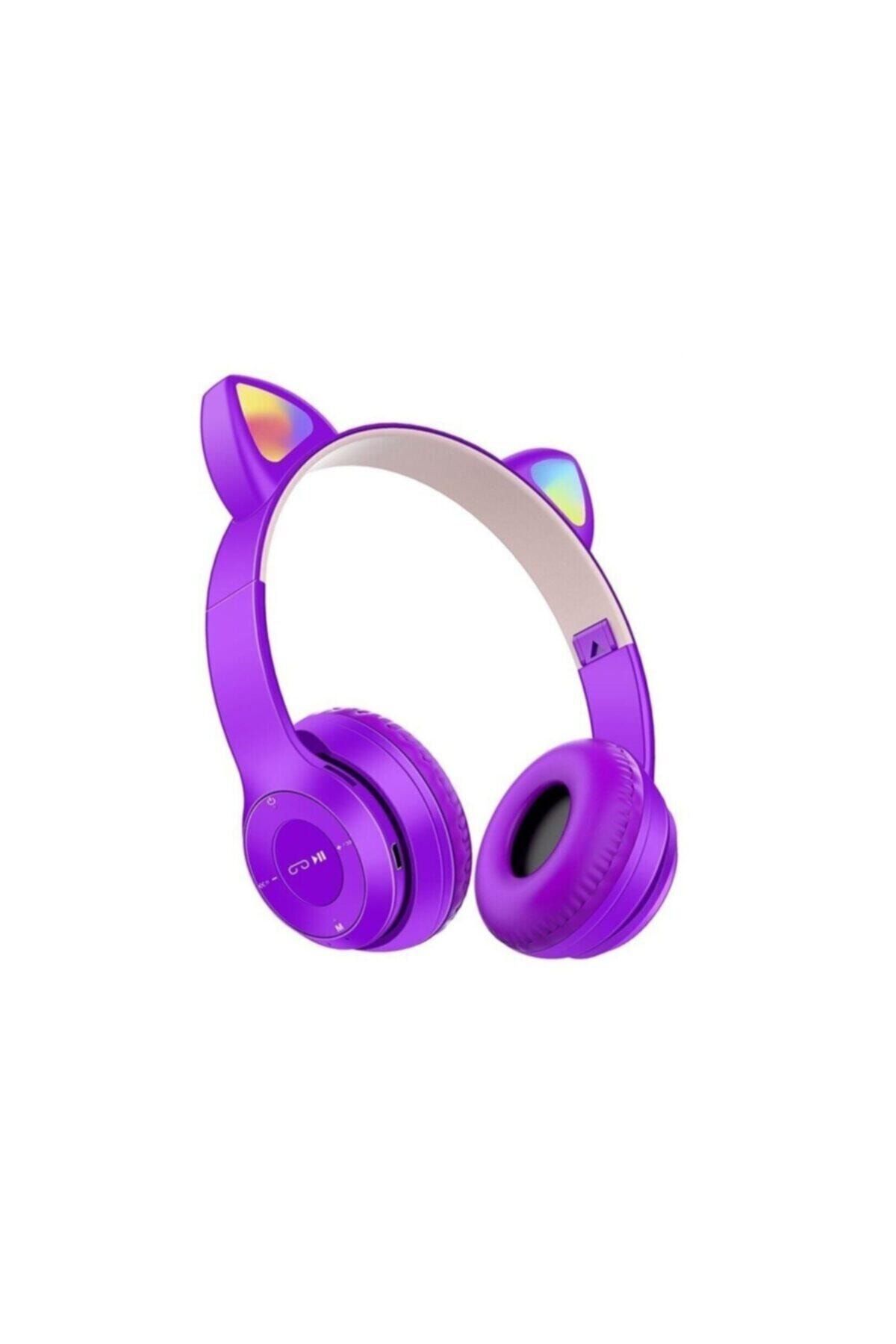 OWWOTECH P47m Işıklı Bluetooth Kulaklık 5.0 Kablosuz Katlanabilir Kedili Kulaklık Parti Işıklı Kulaklık-mor