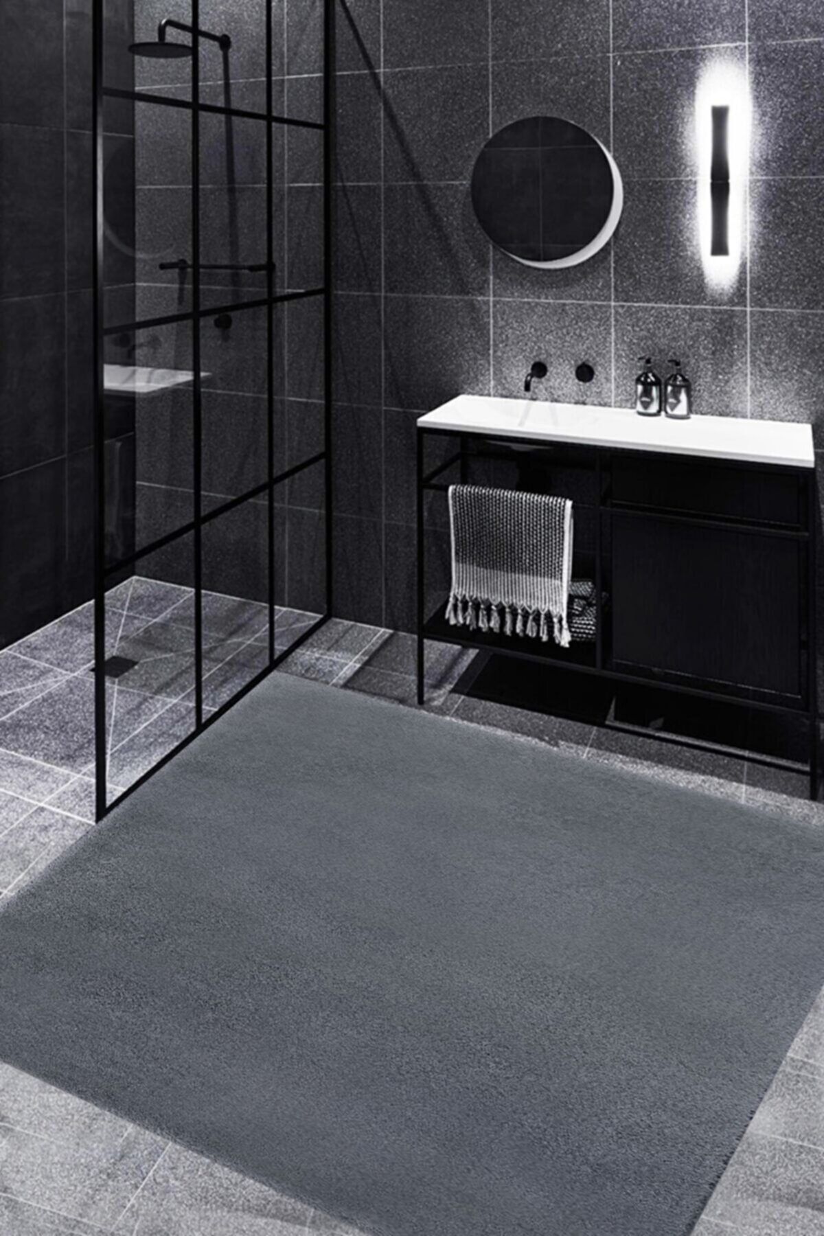 BirceHome Yıkanabilir Kaymaz Taban Kalın Pofuduk Antrasit Banyo Paspası 80x100 Cm