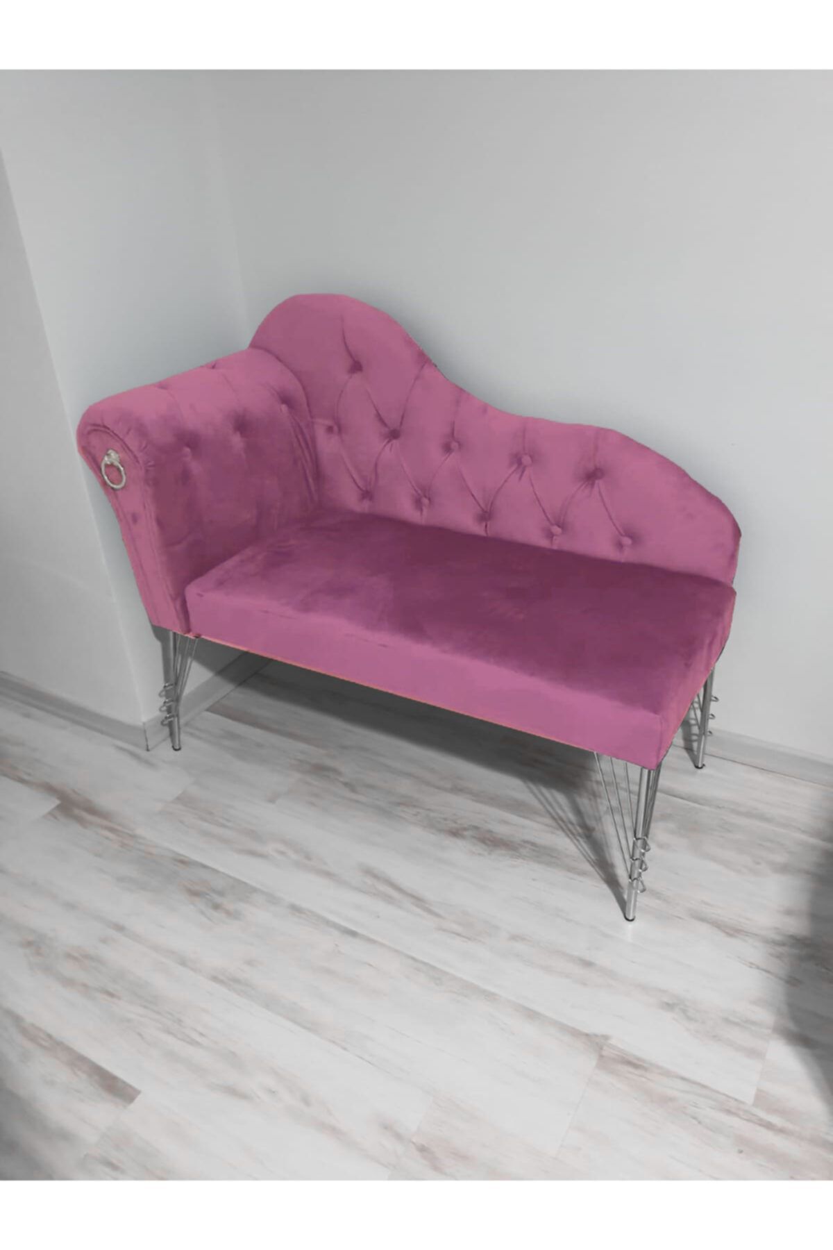 Sepetten Evine 120 cm Pembe Renk Yeni Nesil Köşe Koltuğu Josefin Bench Puf Metal Krom Ayak