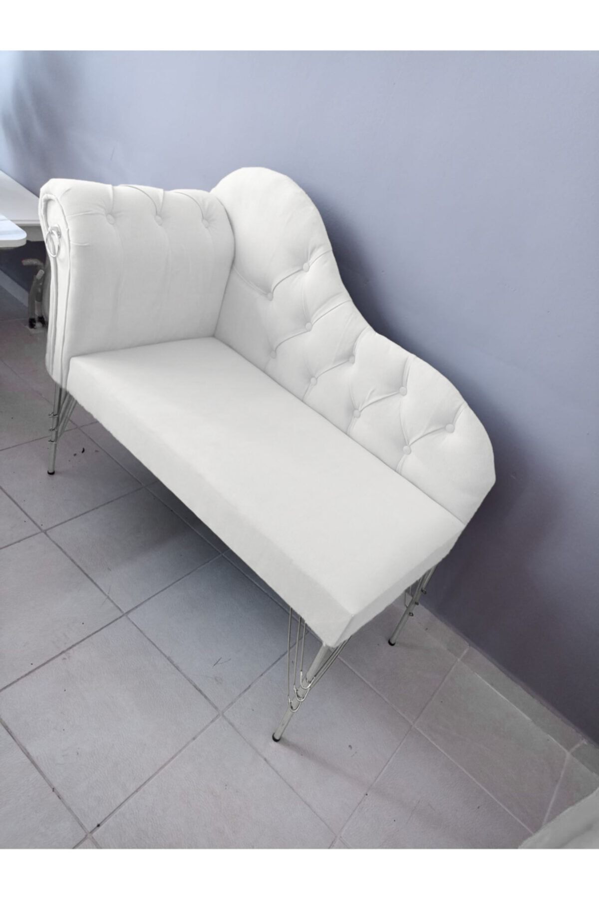 Sepetten Evine 120 Cm , Beyaz Renk Yeni Nesil Köşe Koltuğu Josefin Bench Puf Metal Krom Ayak