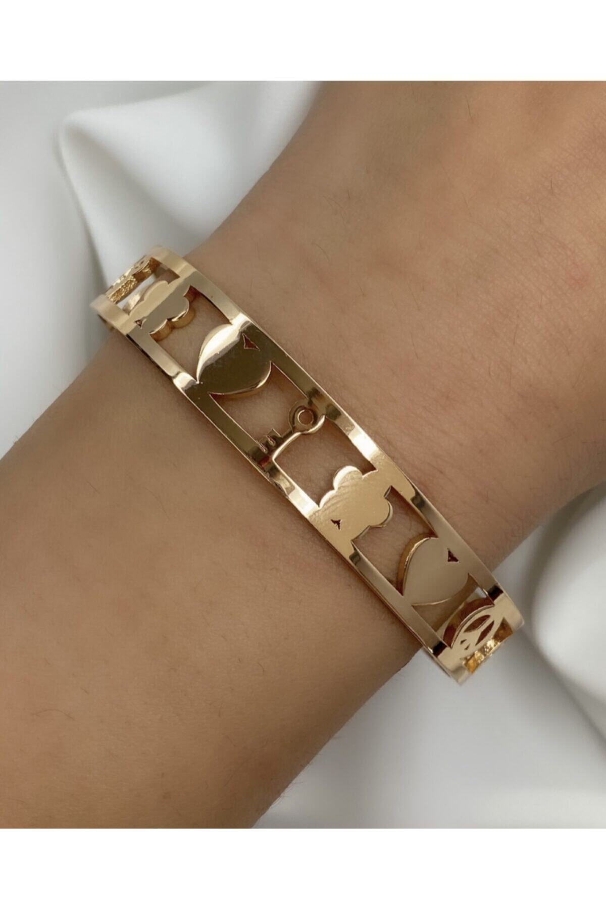 NOBLE ACCESSORY Kalp Yonca Anahtar Barış Sembollü Gold Çelik Şans Bileklik