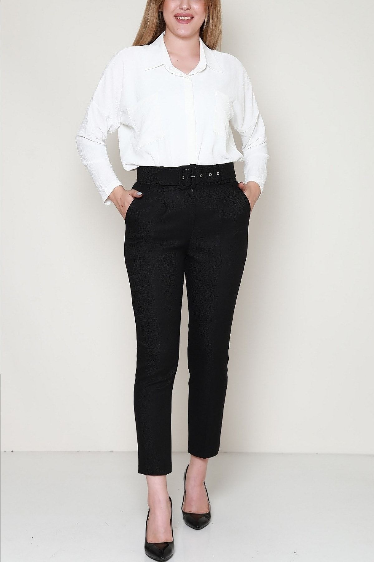 Denniz Style Kemerli Kadın Pantolon - Siyah