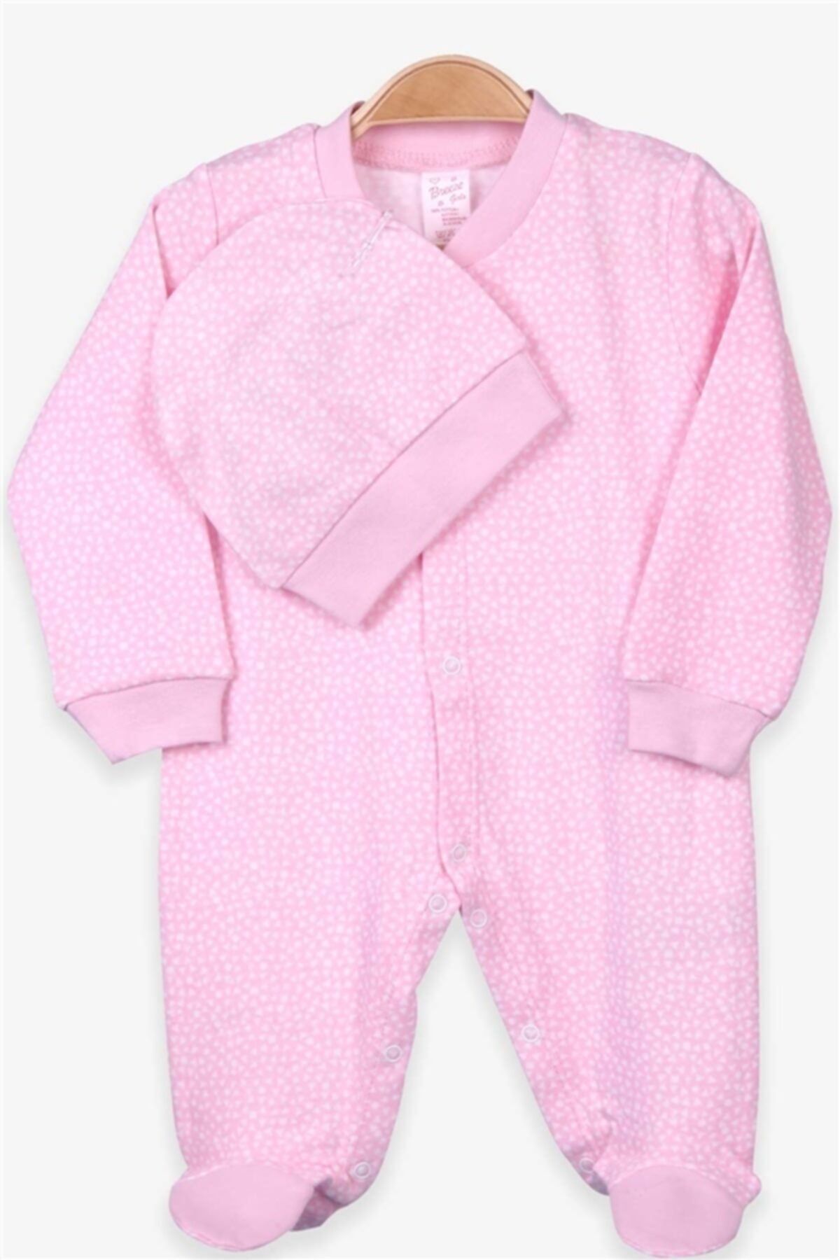 moto angela Kız Bebek Tulum Desenli Şapkalı Set Pudra Soft Giyim 4-6 Ay